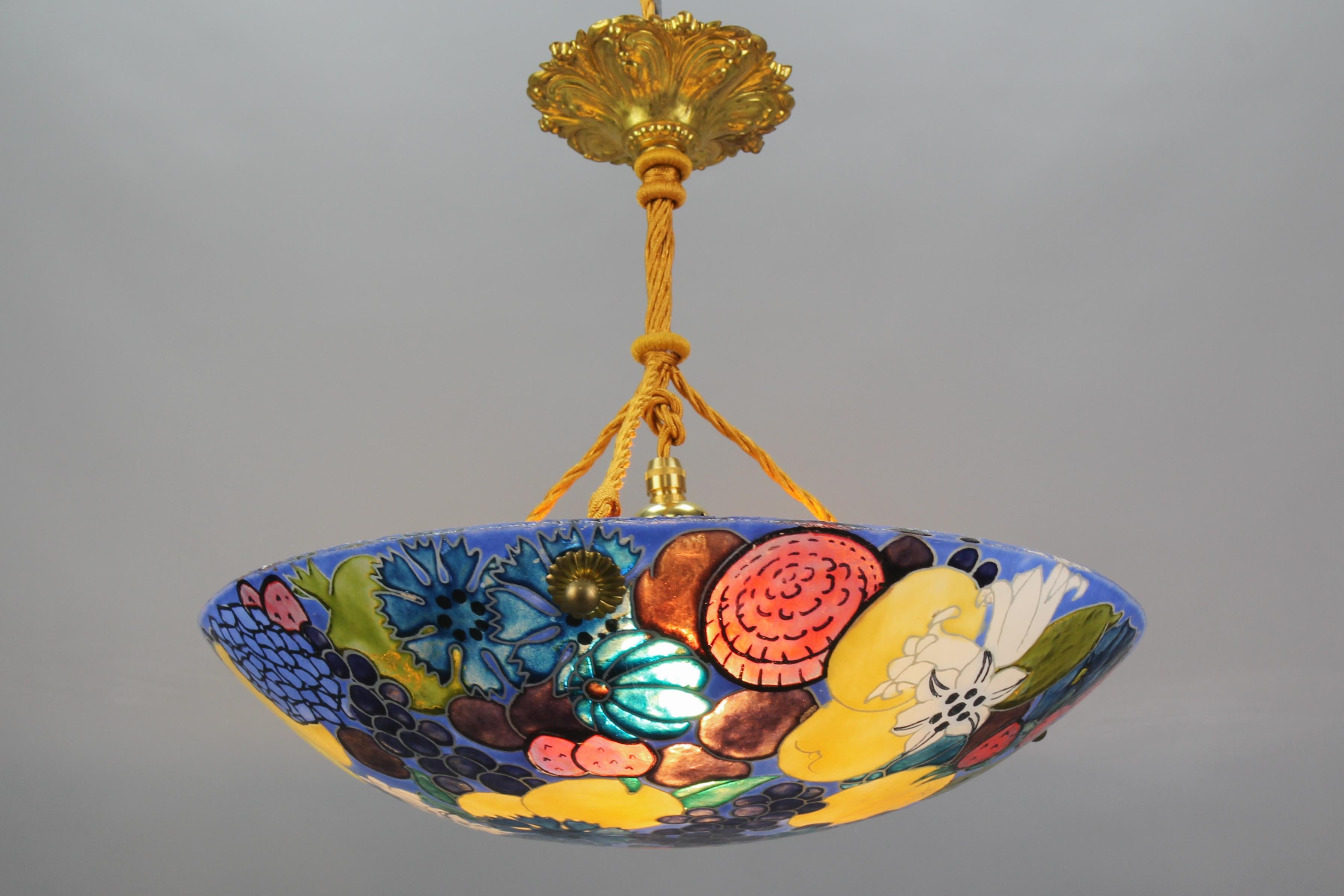 French Art Nouveau Pendant Light with Enameled Flowers and Fruits, Signed Fargue For Sale 7