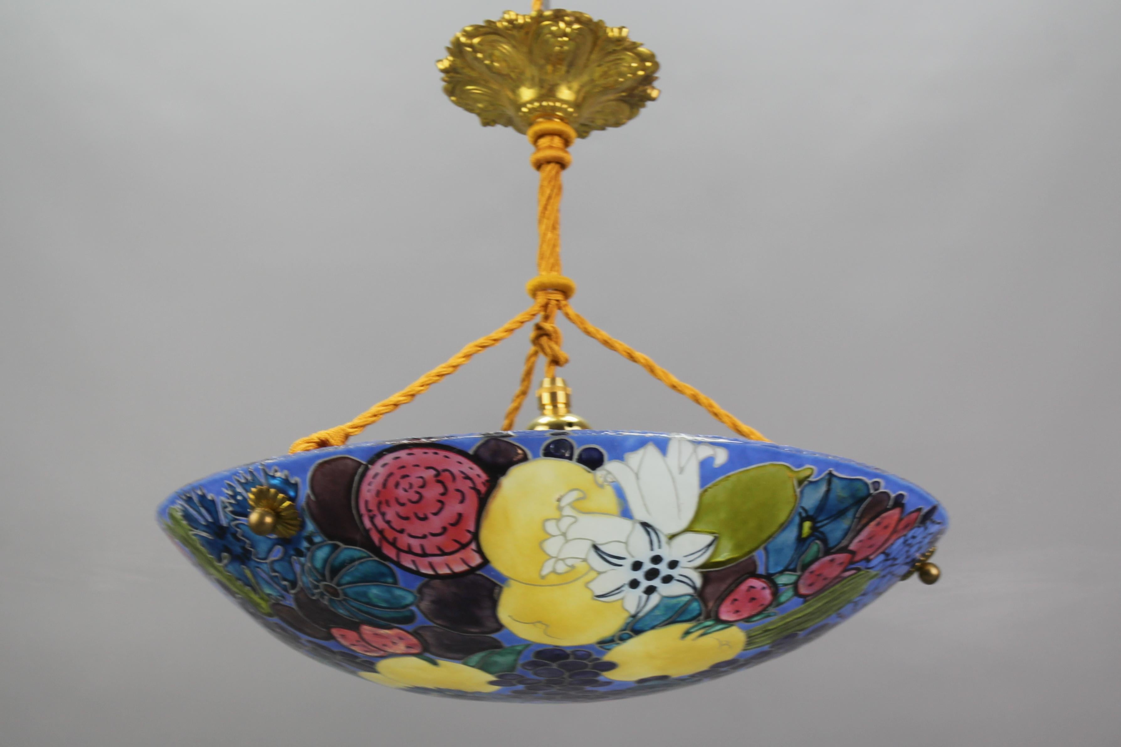 French Art Nouveau Pendant Light with Enameled Flowers and Fruits, Signed Fargue For Sale 8