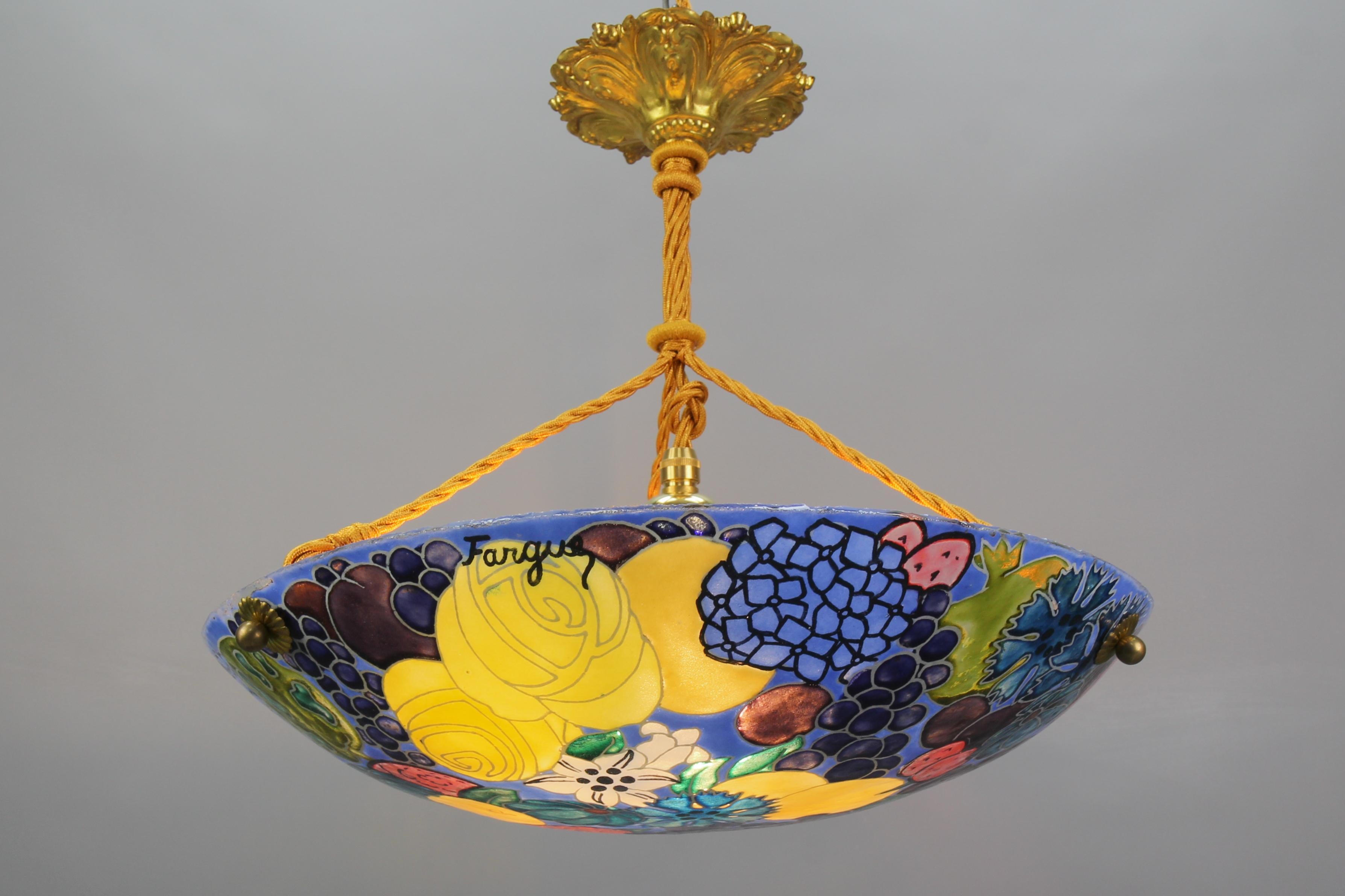 French Art Nouveau Pendant Light with Enameled Flowers and Fruits, Signed Fargue For Sale 9