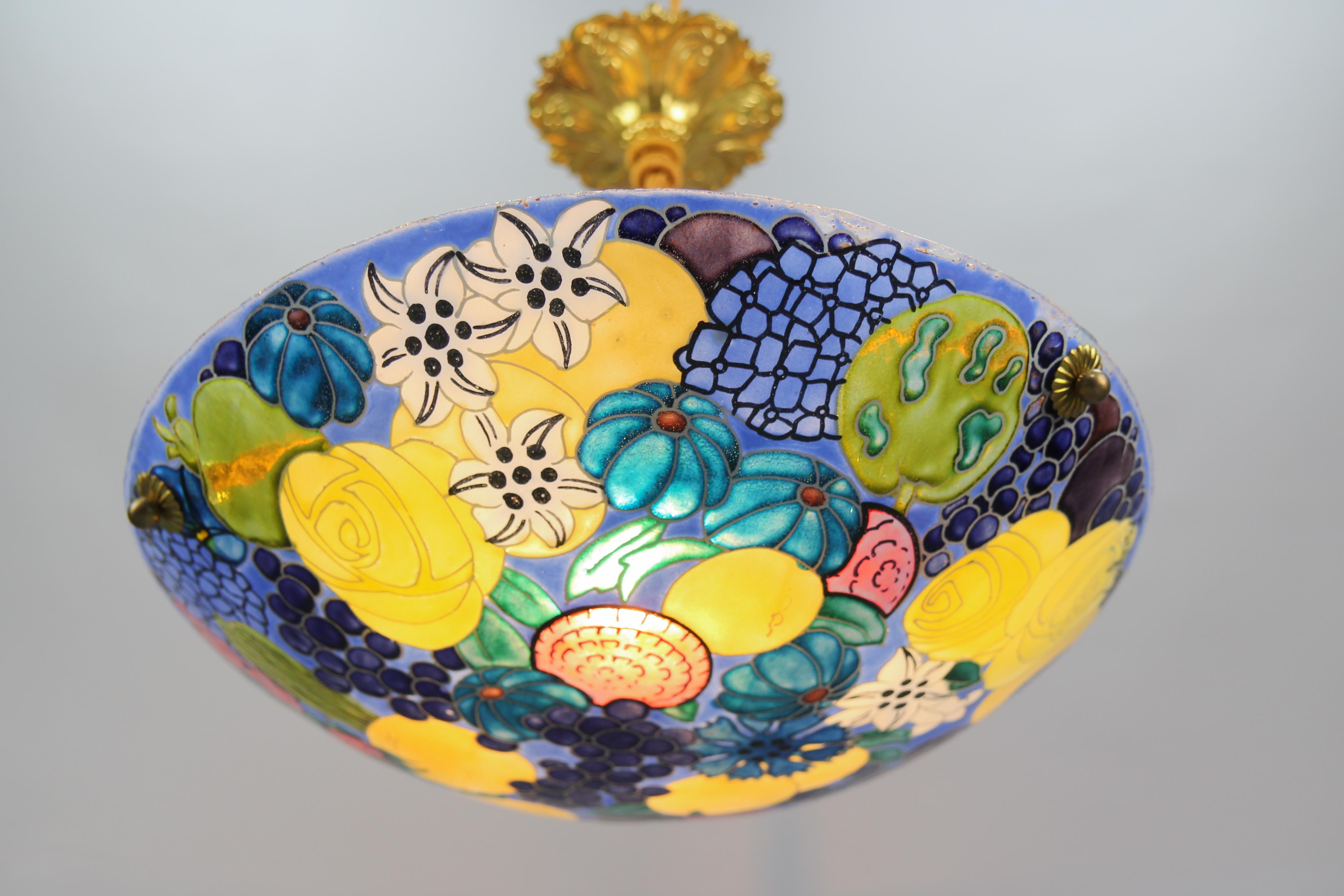 French Art Nouveau Pendant Light with Enameled Flowers and Fruits, Signed Fargue In Good Condition For Sale In Barntrup, DE