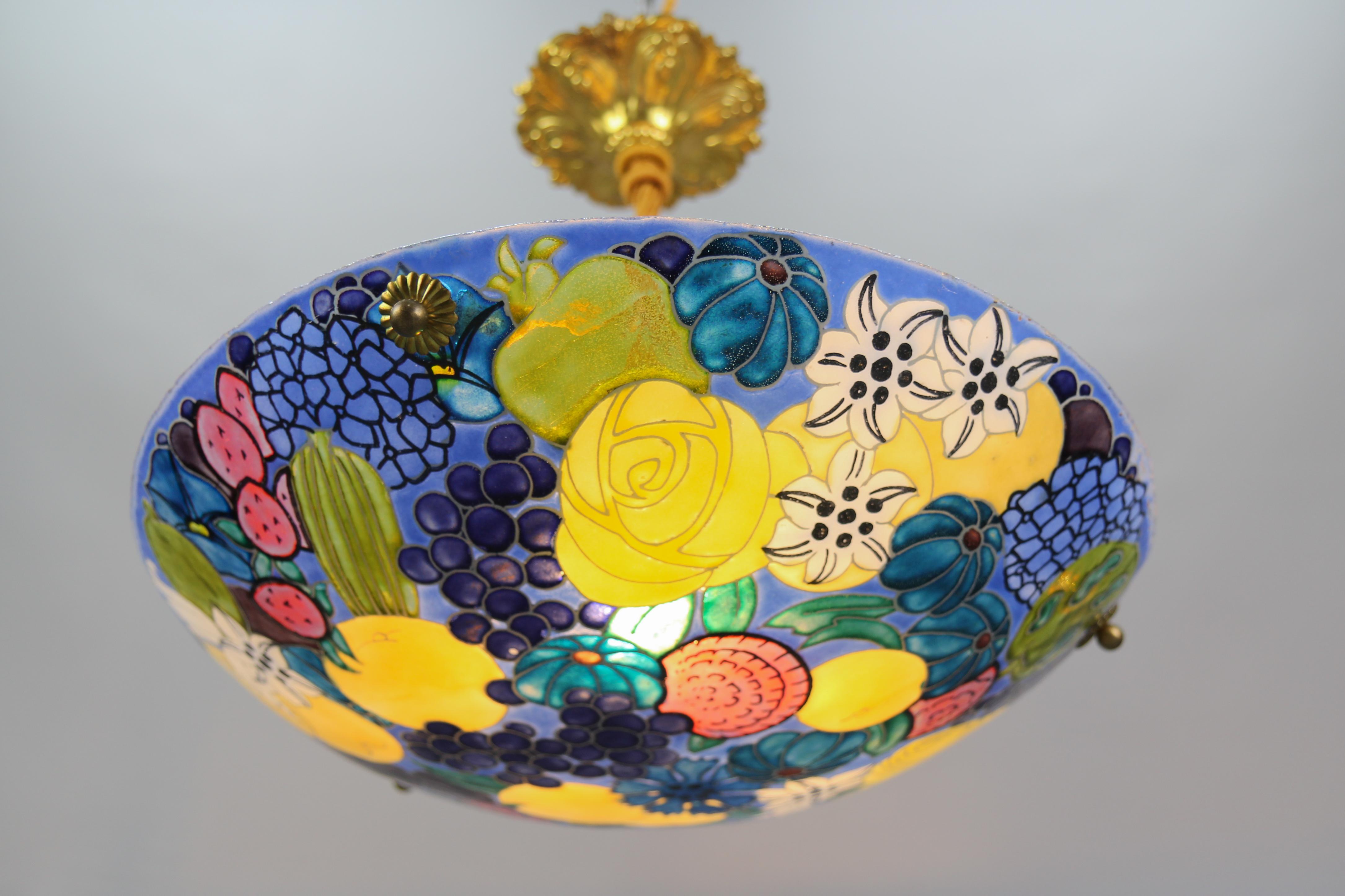 Mid-20th Century French Art Nouveau Pendant Light with Enameled Flowers and Fruits, Signed Fargue For Sale