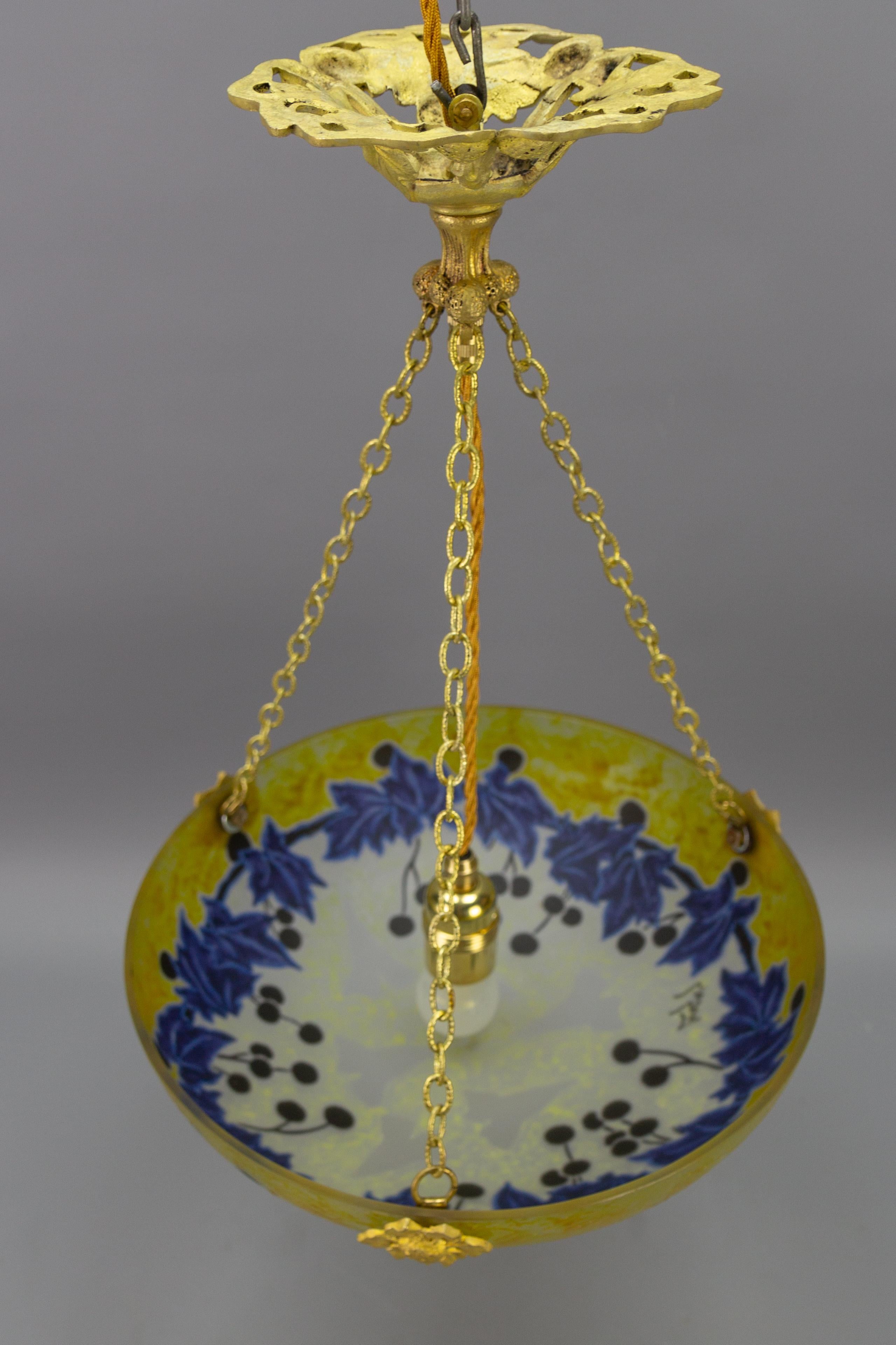 French Art Nouveau Pendant Light with Yellow and Blue Glass Ivy Motifs by Legras For Sale 13