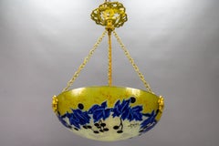 French Art Nouveau Yellow and Blue Glass Pendant Light with Ivy Motifs by Legras