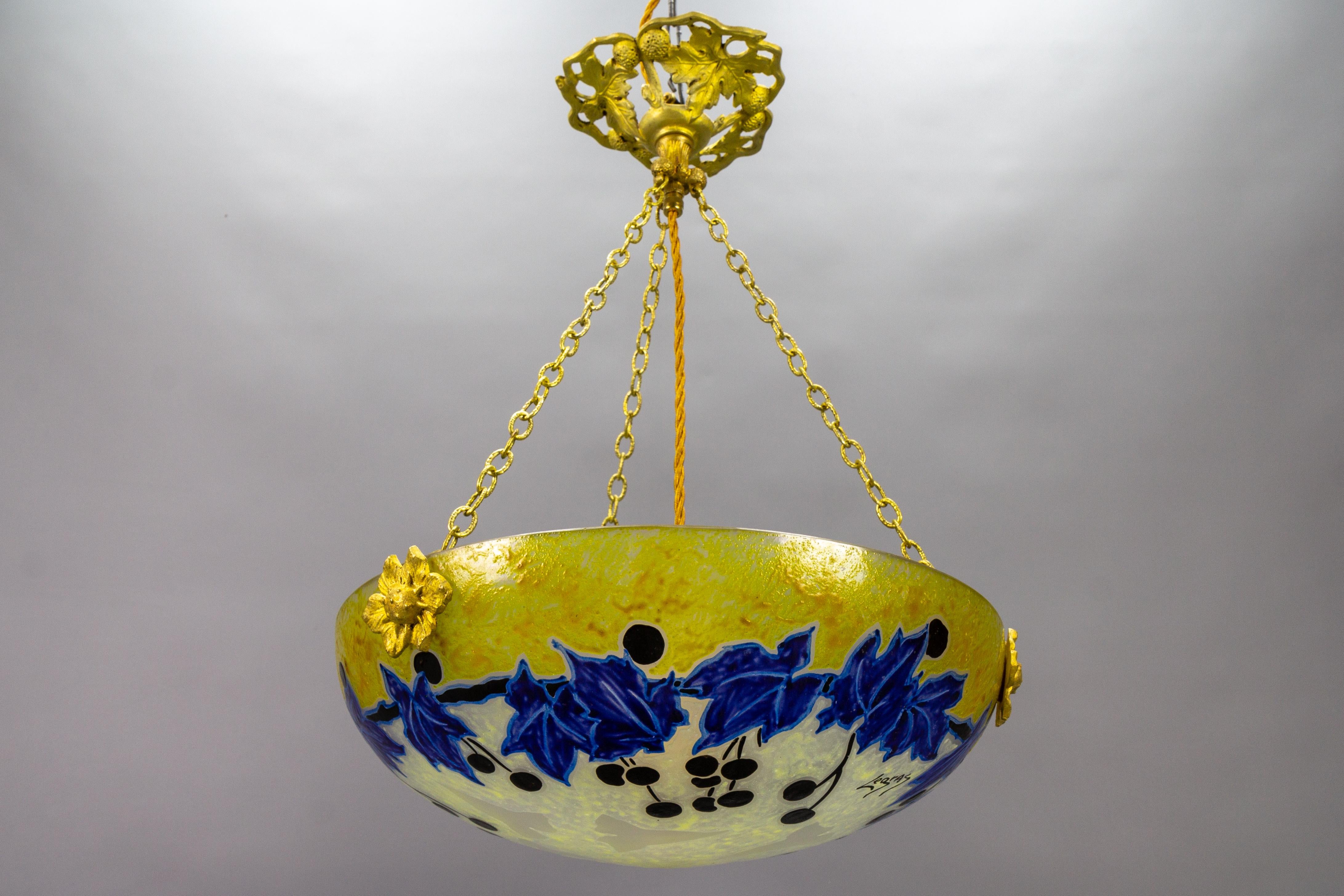 French Art Nouveau Pendant Light with Yellow and Blue Glass Ivy Motifs by Legras For Sale 14