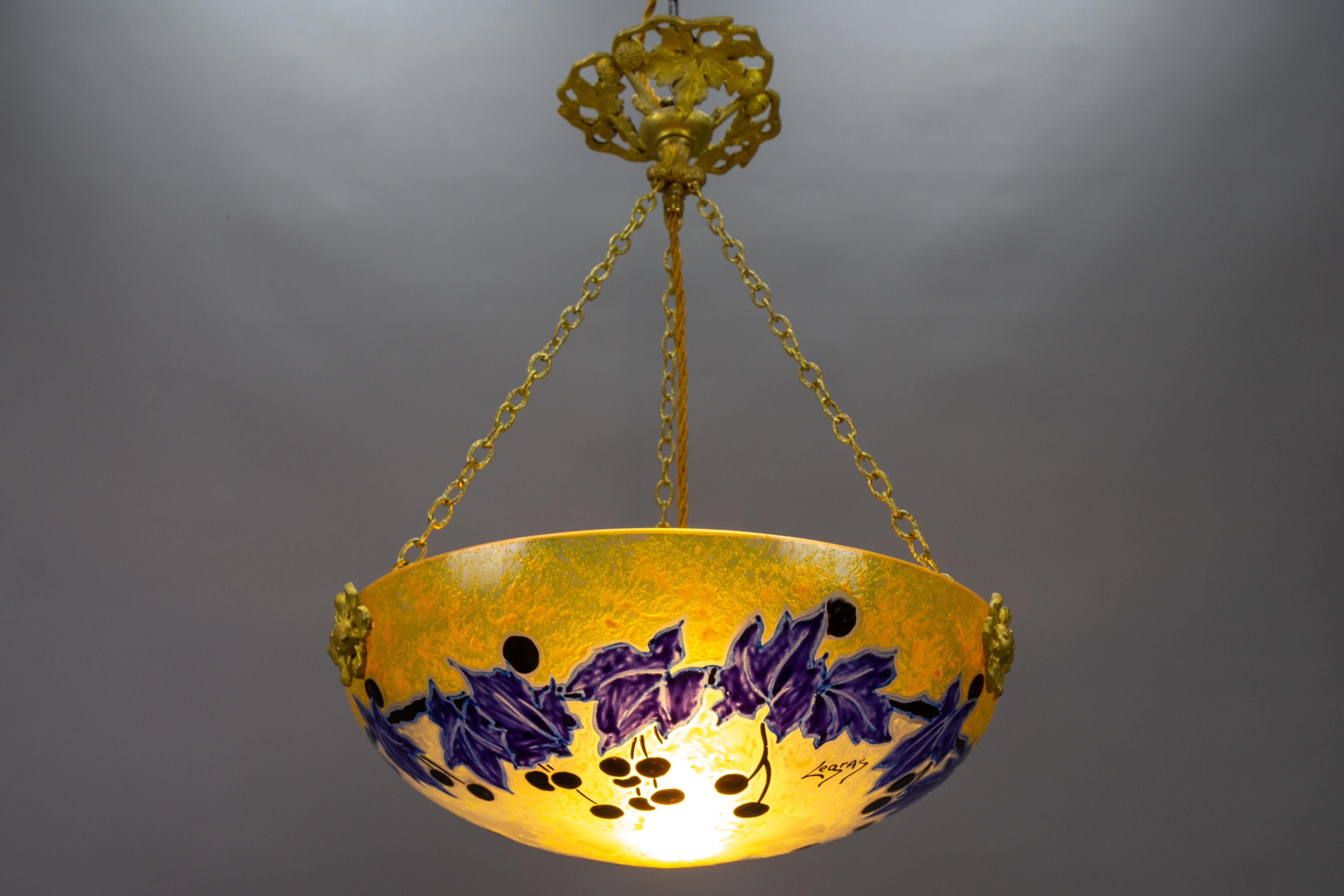 Hand-Painted French Art Nouveau Pendant Light with Yellow and Blue Glass Ivy Motifs by Legras For Sale