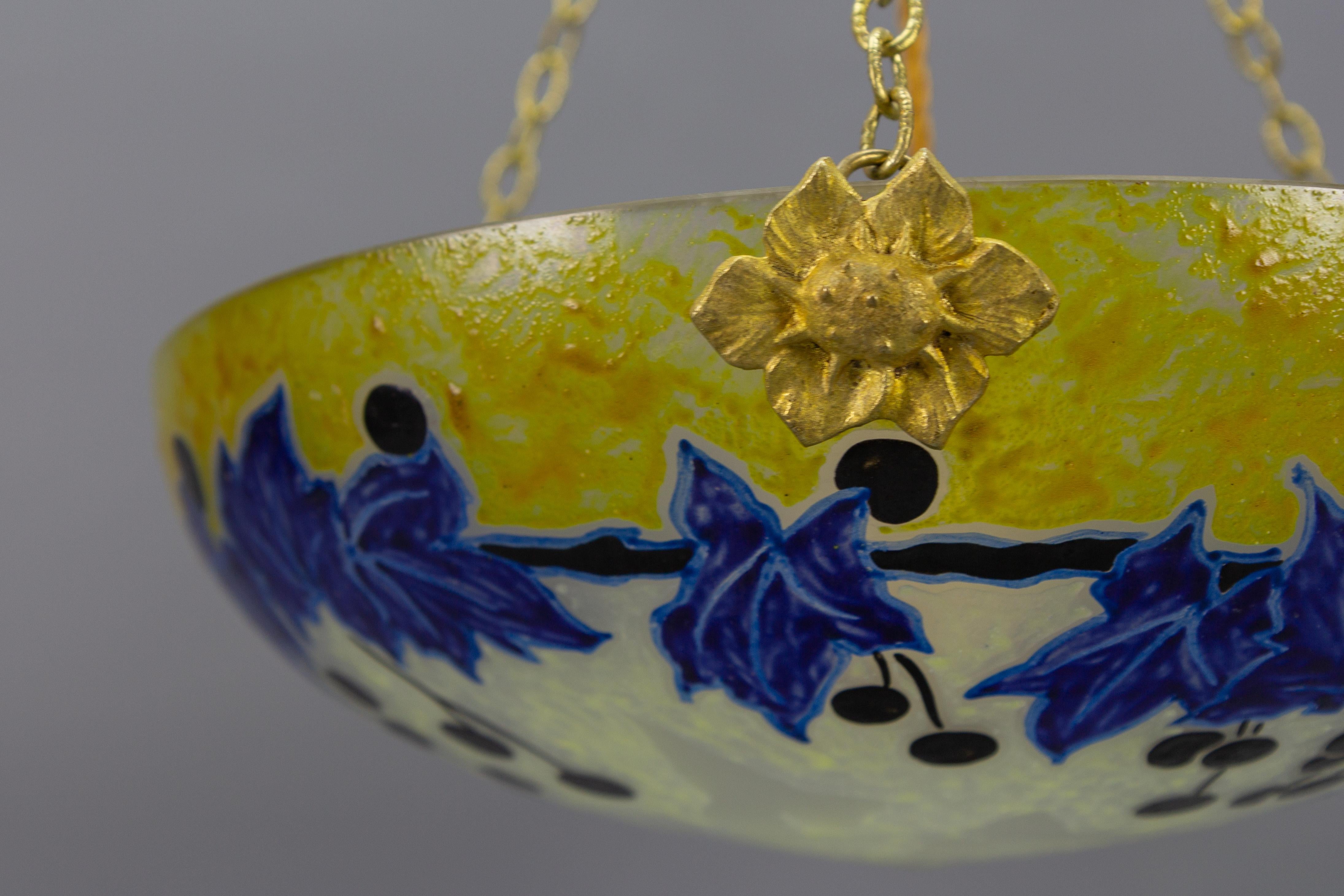 Bronze French Art Nouveau Pendant Light with Yellow and Blue Glass Ivy Motifs by Legras For Sale