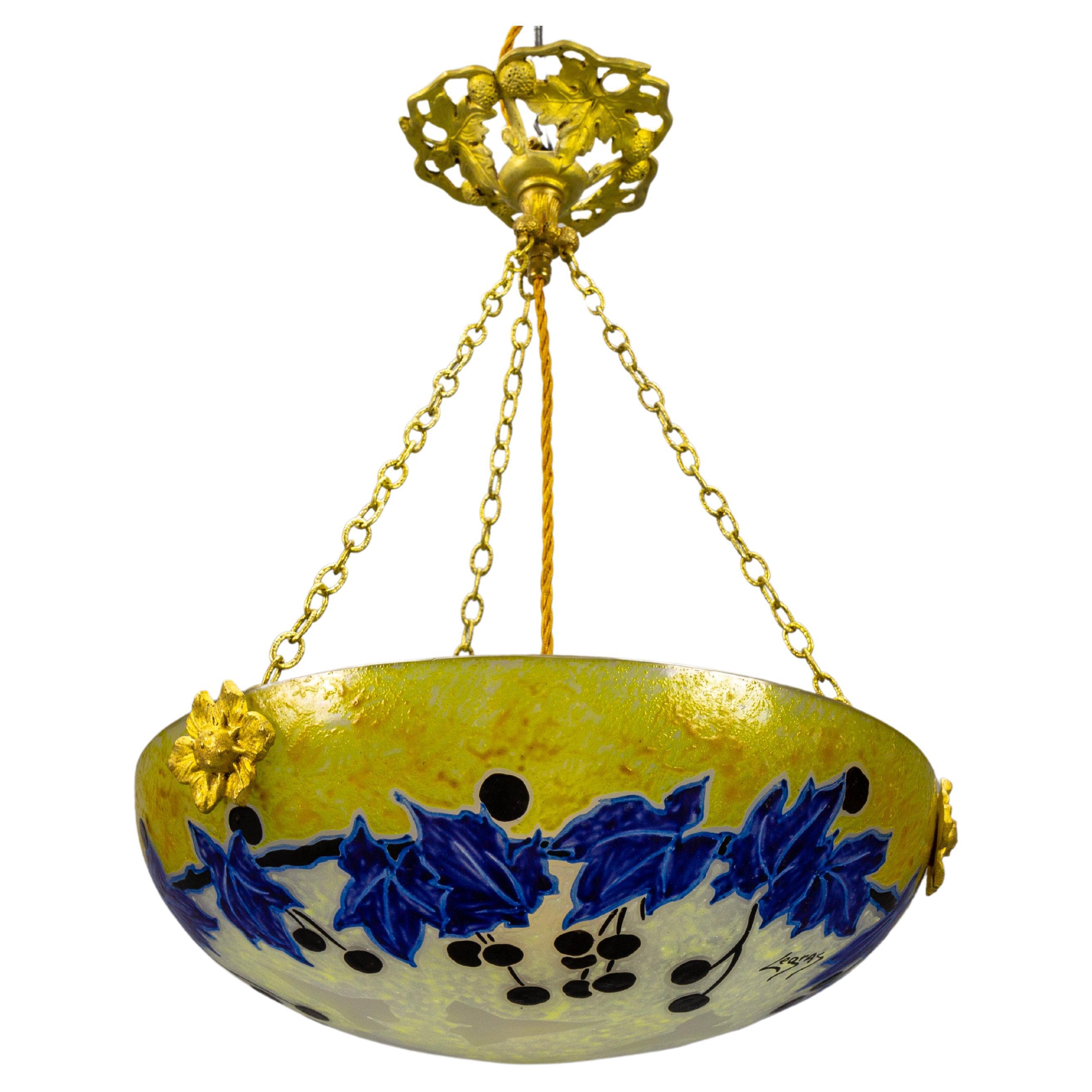 French Art Nouveau Pendant Light with Yellow and Blue Glass Ivy Motifs by Legras For Sale
