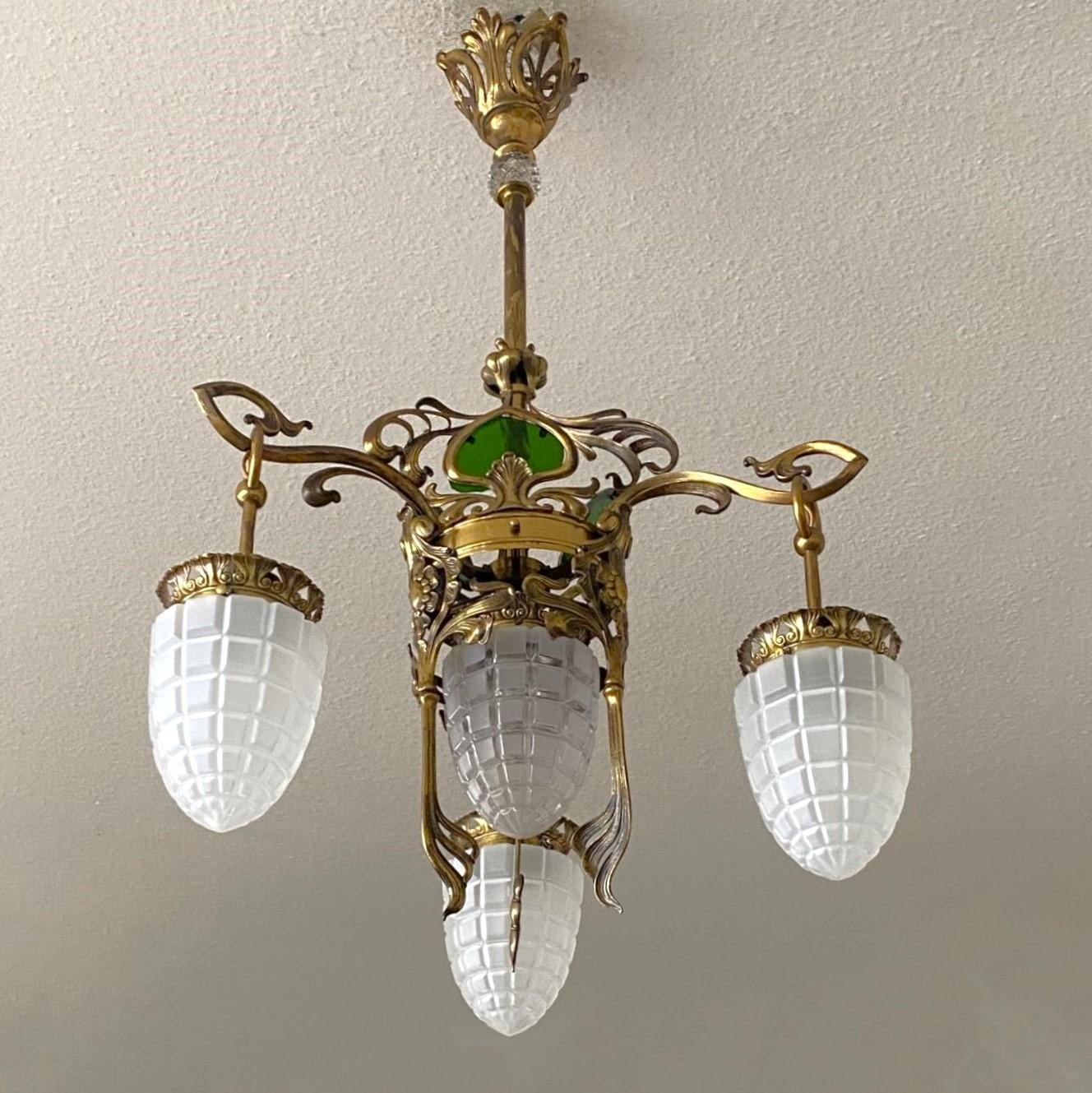 Gilt French Art Nouveau Period Jugendstil Brass Glass Four-Light Chandelier For Sale