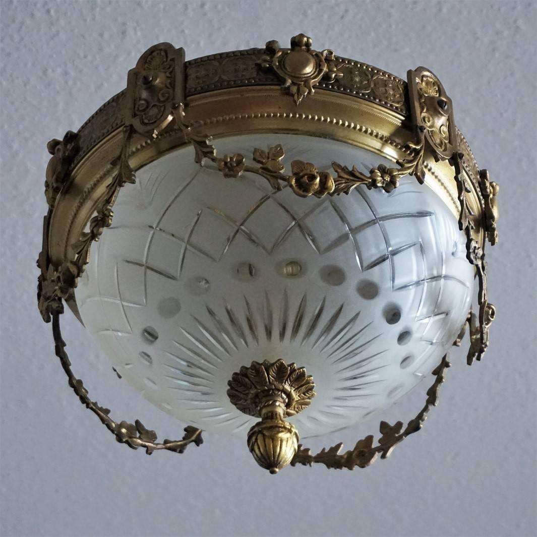 Frosted French Art Nouveau Period Bronze Cut Glass Ceiling Light Fixture, Flush Mount