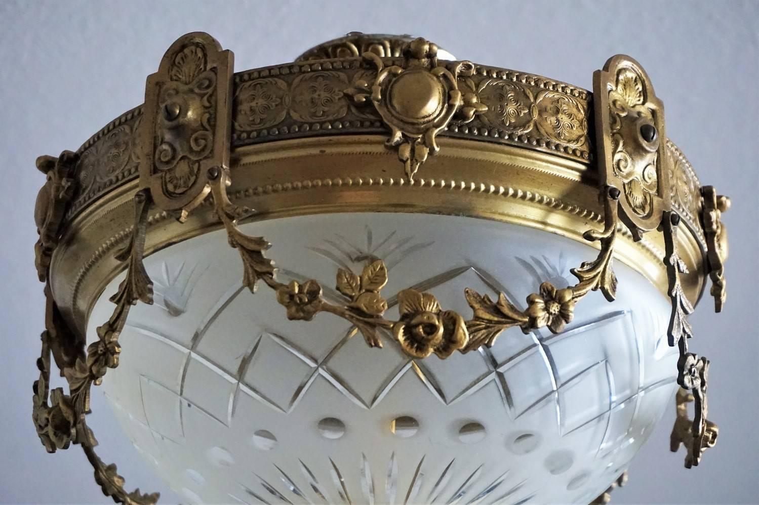 20th Century French Art Nouveau Period Bronze Cut Glass Ceiling Light Fixture, Flush Mount