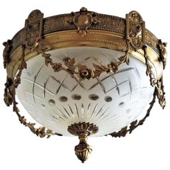 French Art Nouveau Period Bronze Cut Glass Ceiling Light Fixture, Flush Mount