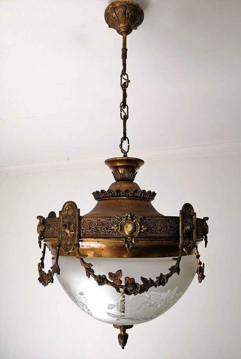 french art nouveau period bronze and brass etched glass 1930s flush mount light