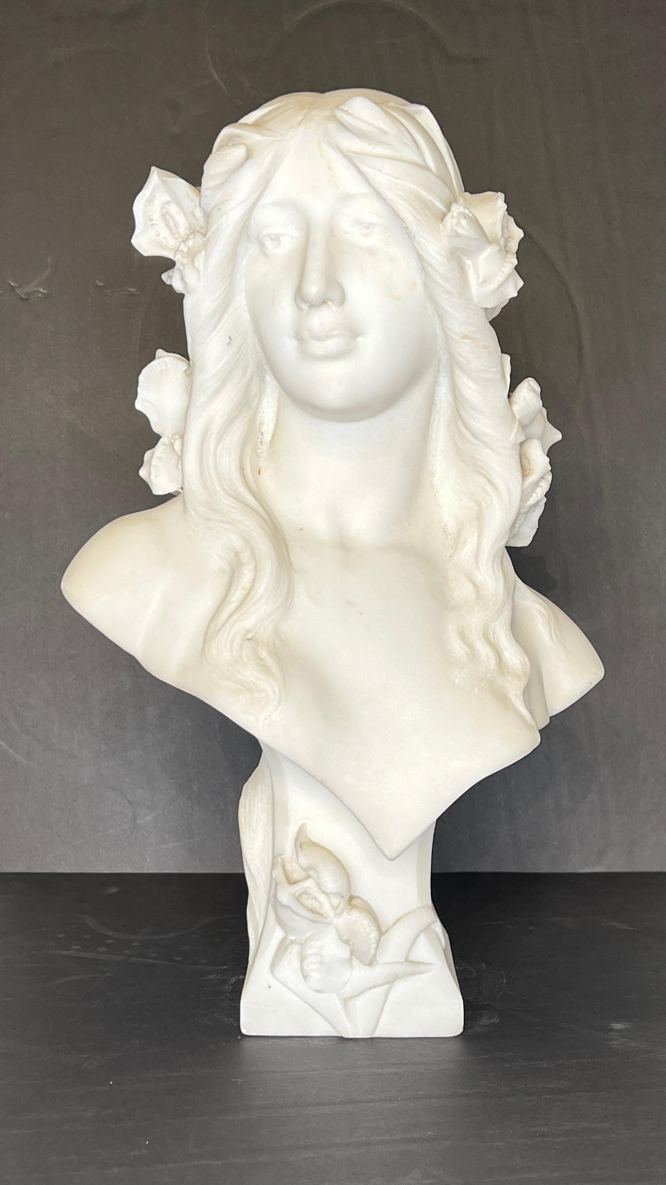 Hand-Carved French Art Nouveau Period Marble Bust of Female Beauty For Sale