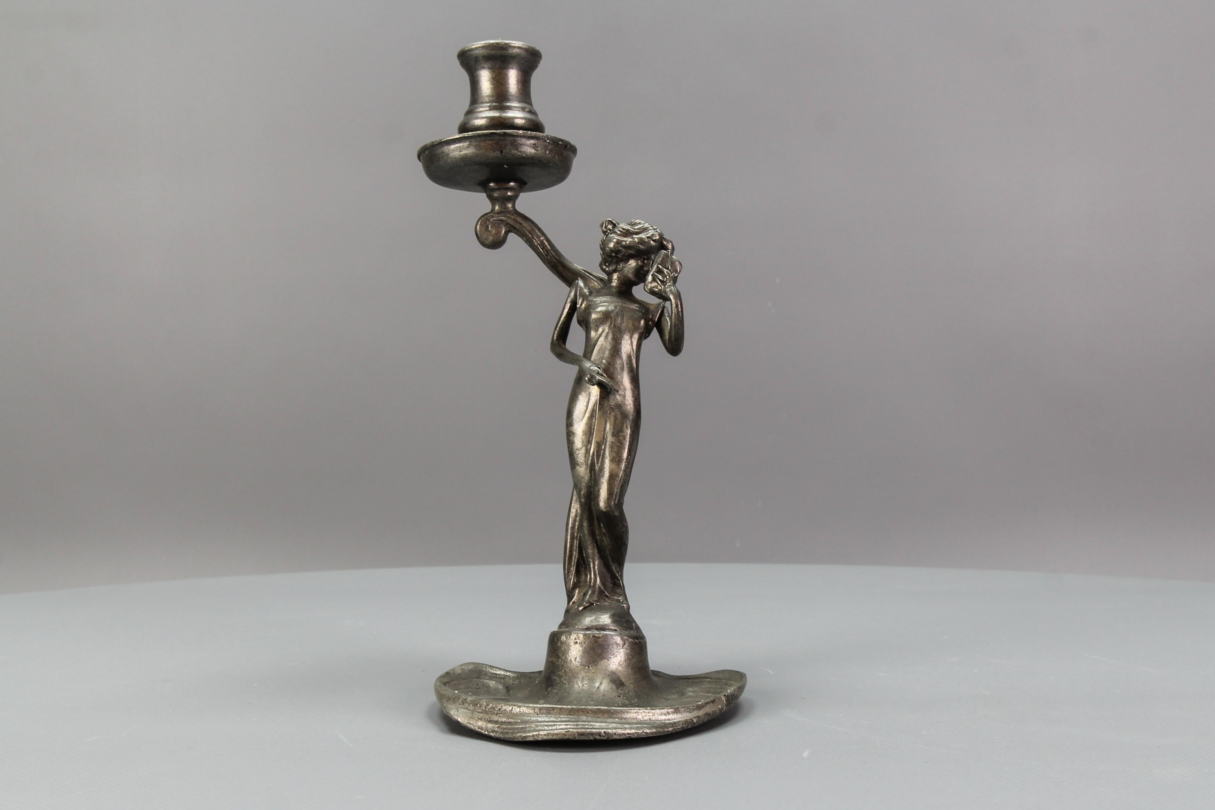 French Art Nouveau Pewter Candlestick with a Lady Sculpture, ca. 1920 For Sale 6
