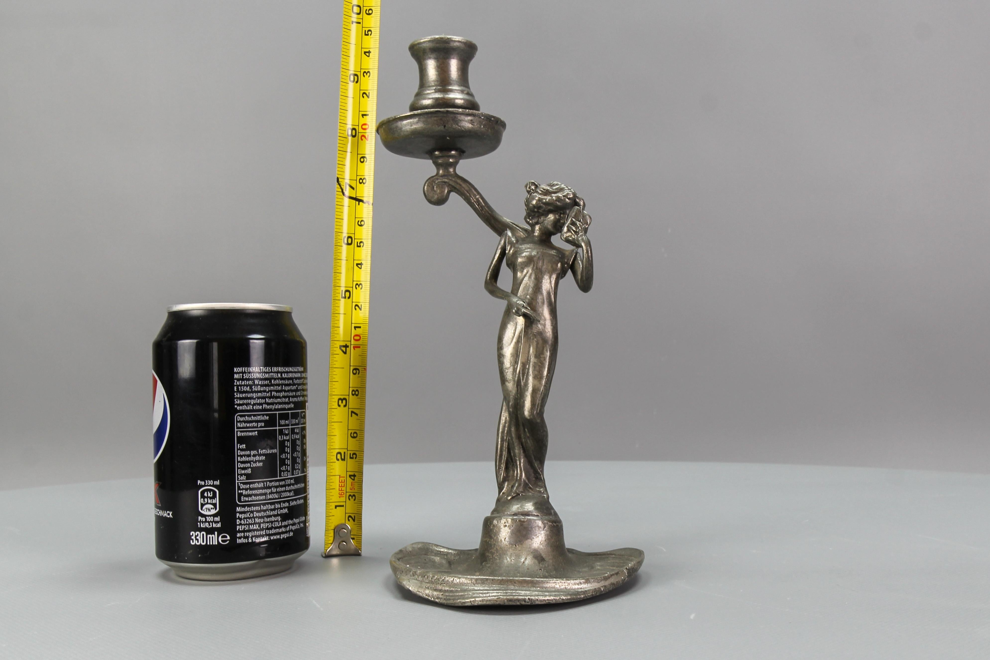 French Art Nouveau Pewter Candlestick with a Lady Sculpture, ca. 1920 For Sale 7