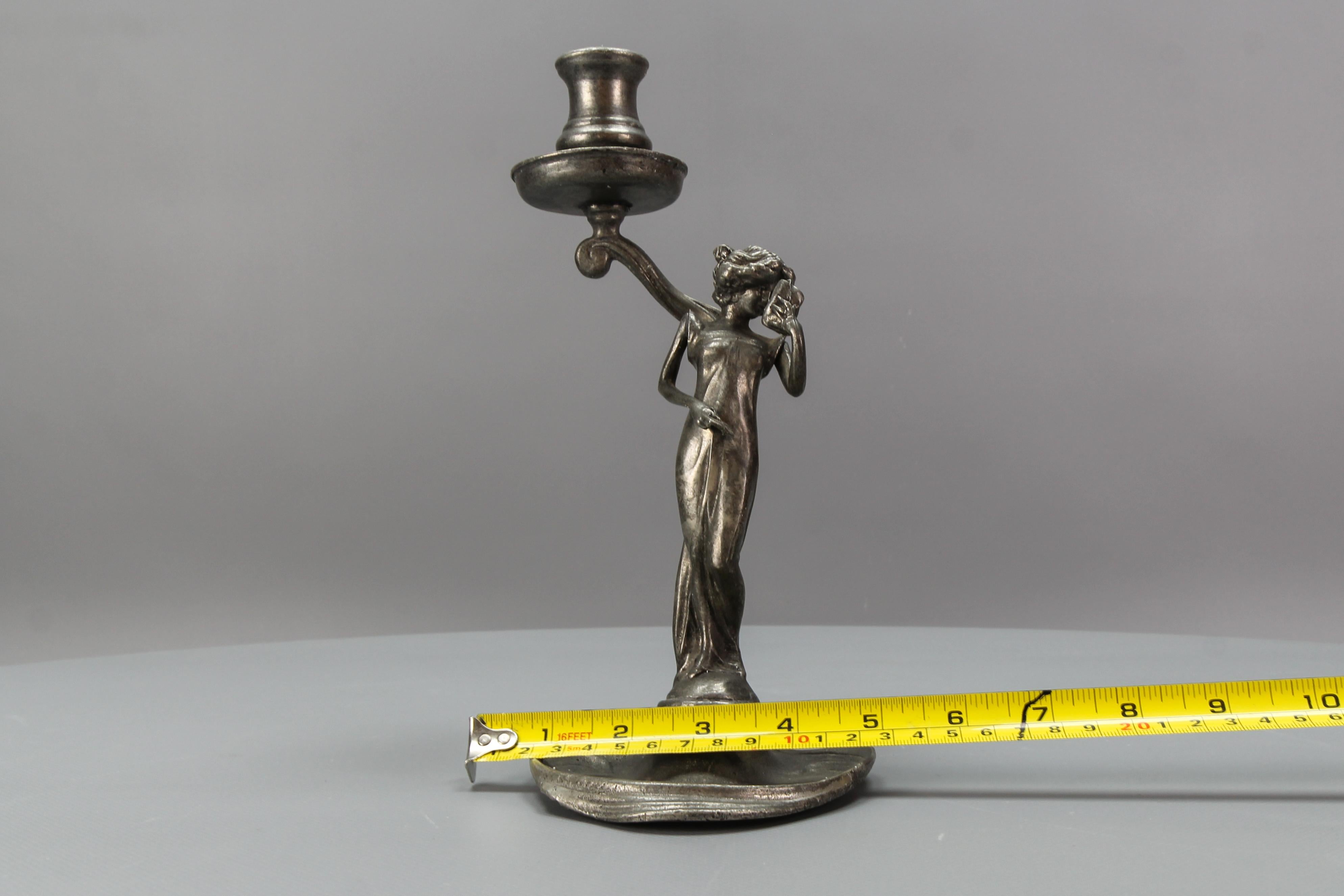 French Art Nouveau Pewter Candlestick with a Lady Sculpture, ca. 1920 For Sale 8