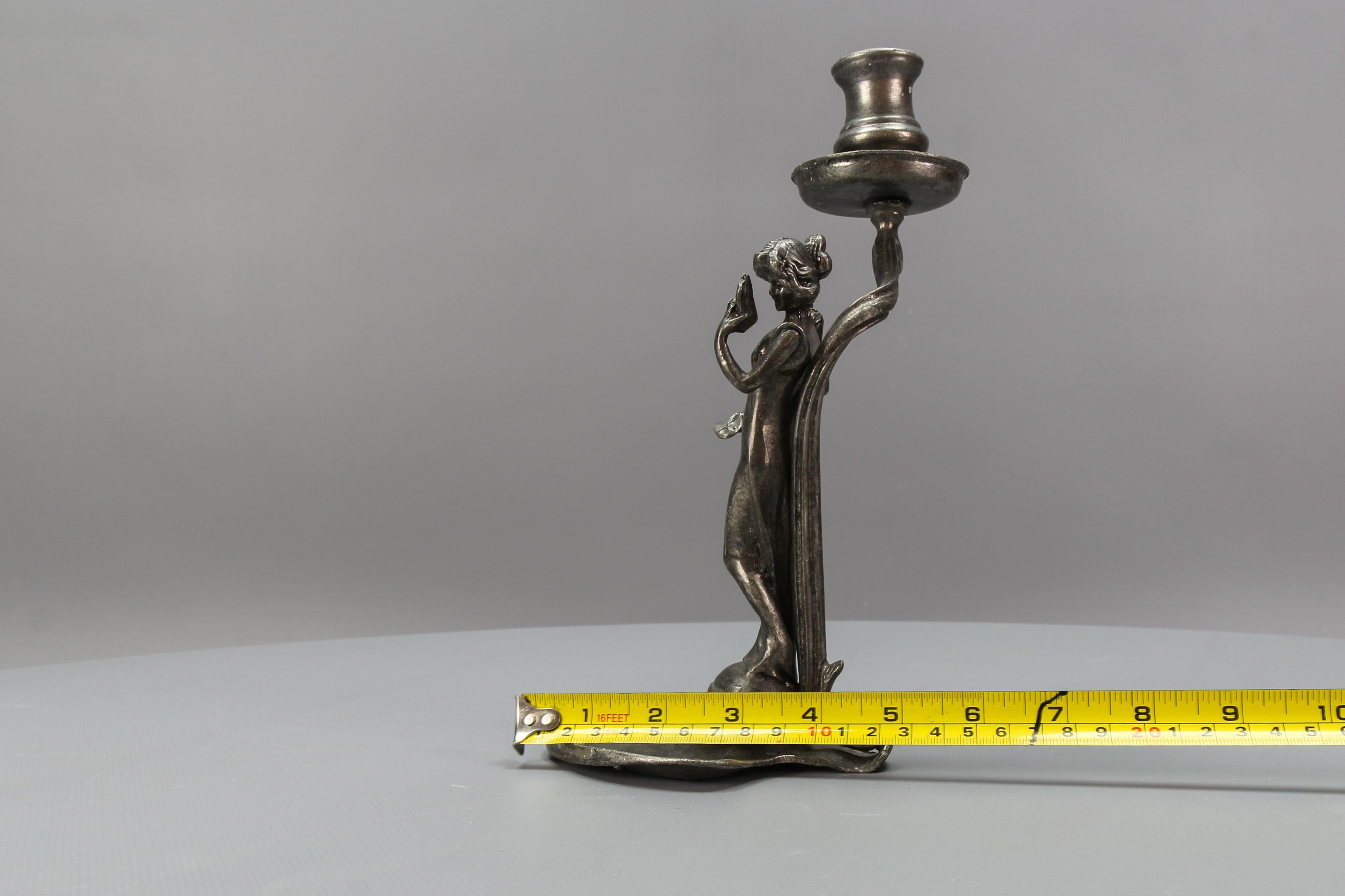 French Art Nouveau Pewter Candlestick with a Lady Sculpture, ca. 1920 For Sale 9