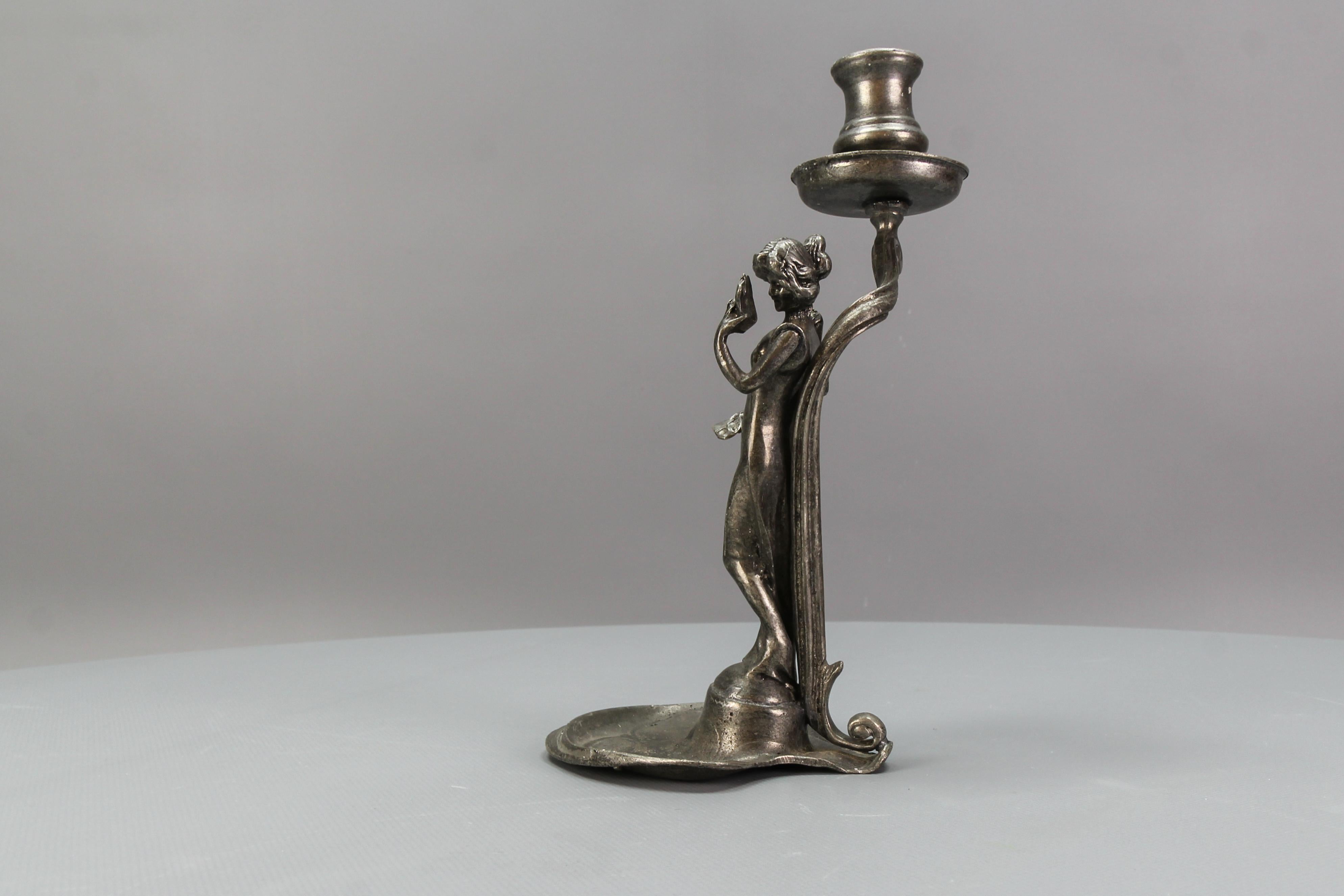 French Art Nouveau Pewter Candlestick with a Lady Sculpture, ca. 1920 For Sale 10