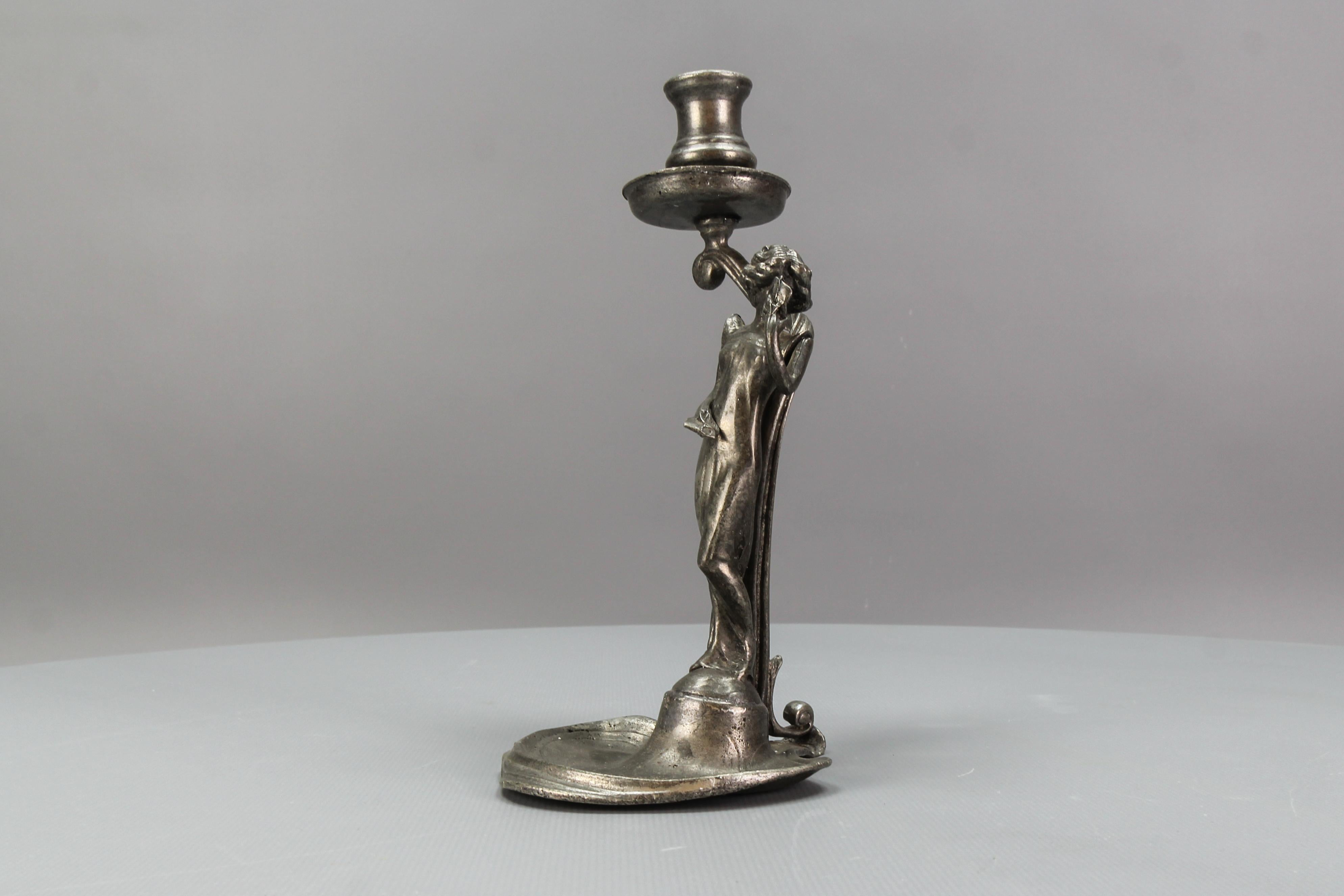 French Art Nouveau Pewter Candlestick with a Lady Sculpture, ca. 1920 For Sale 11