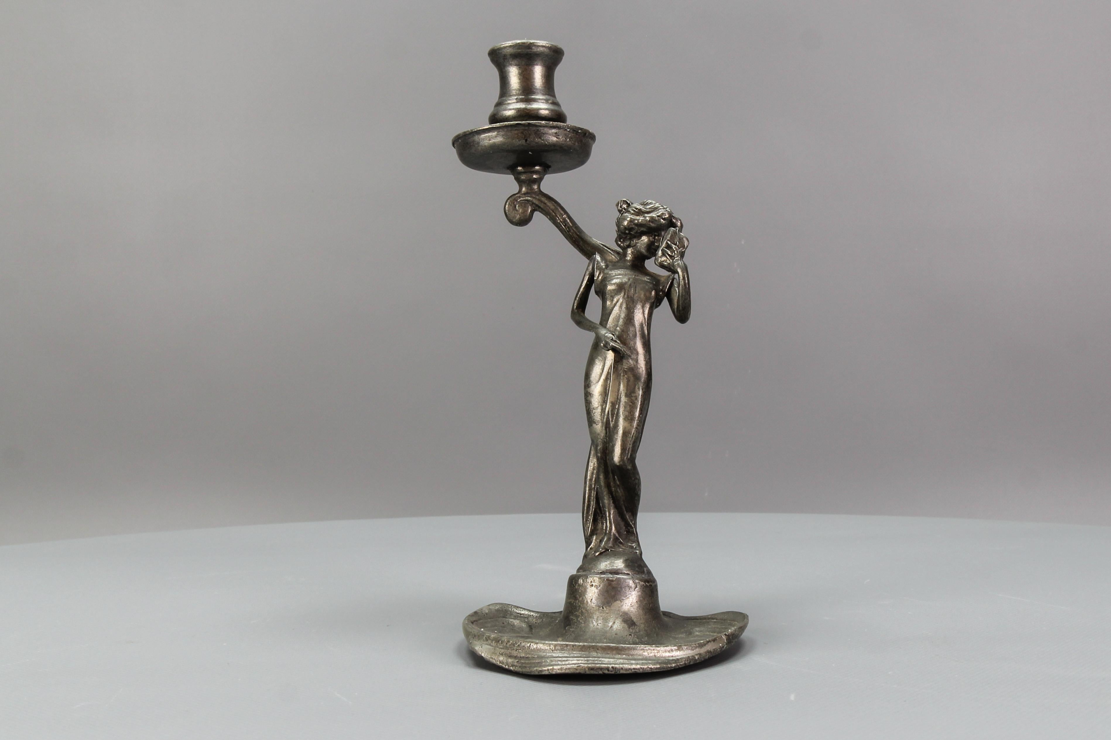 French Art Nouveau Pewter Candlestick with a Lady Sculpture, ca. 1920 For Sale 12