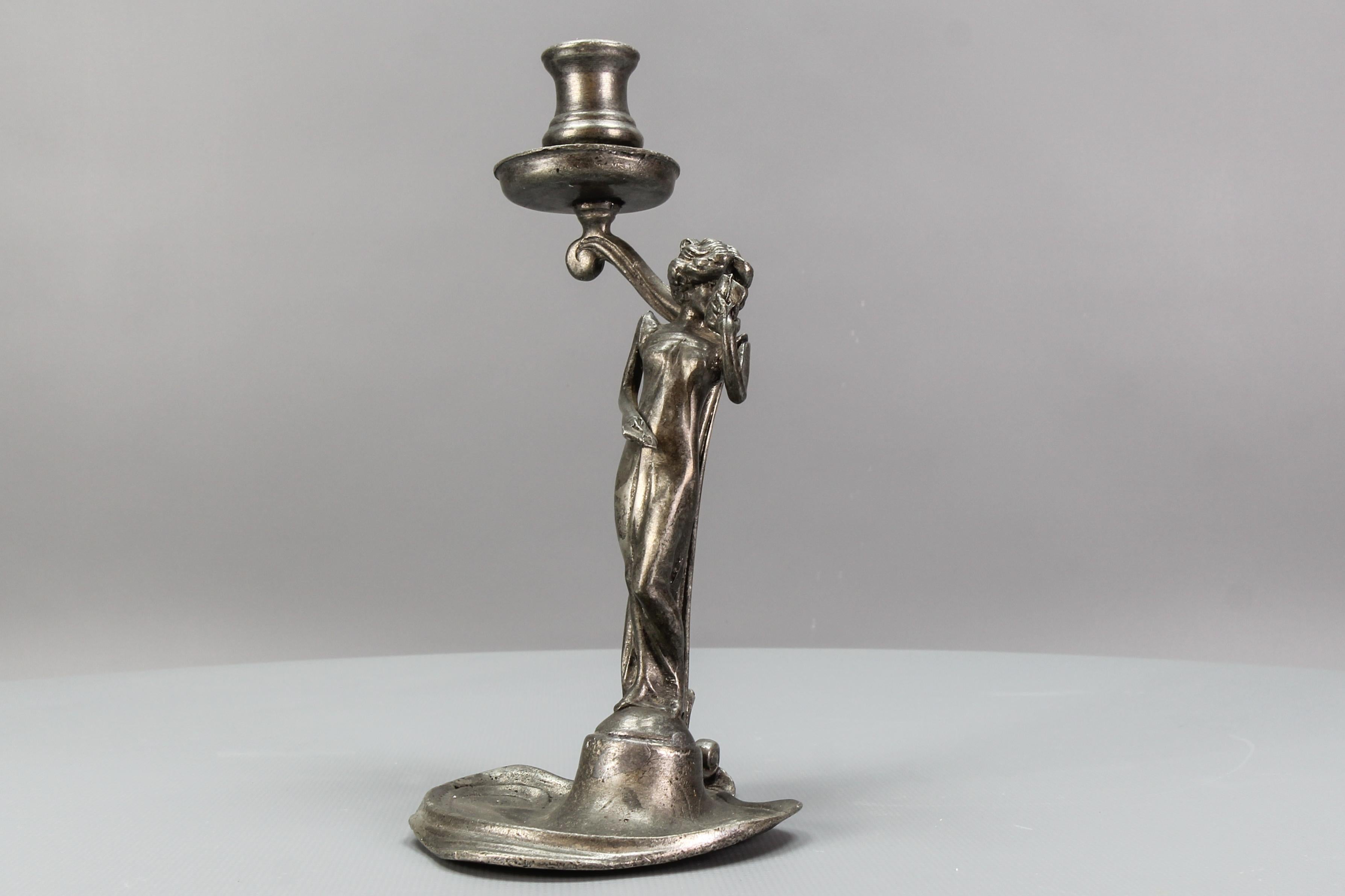 French Art Nouveau Pewter Candlestick with a Lady Sculpture, ca. 1920 For Sale 16