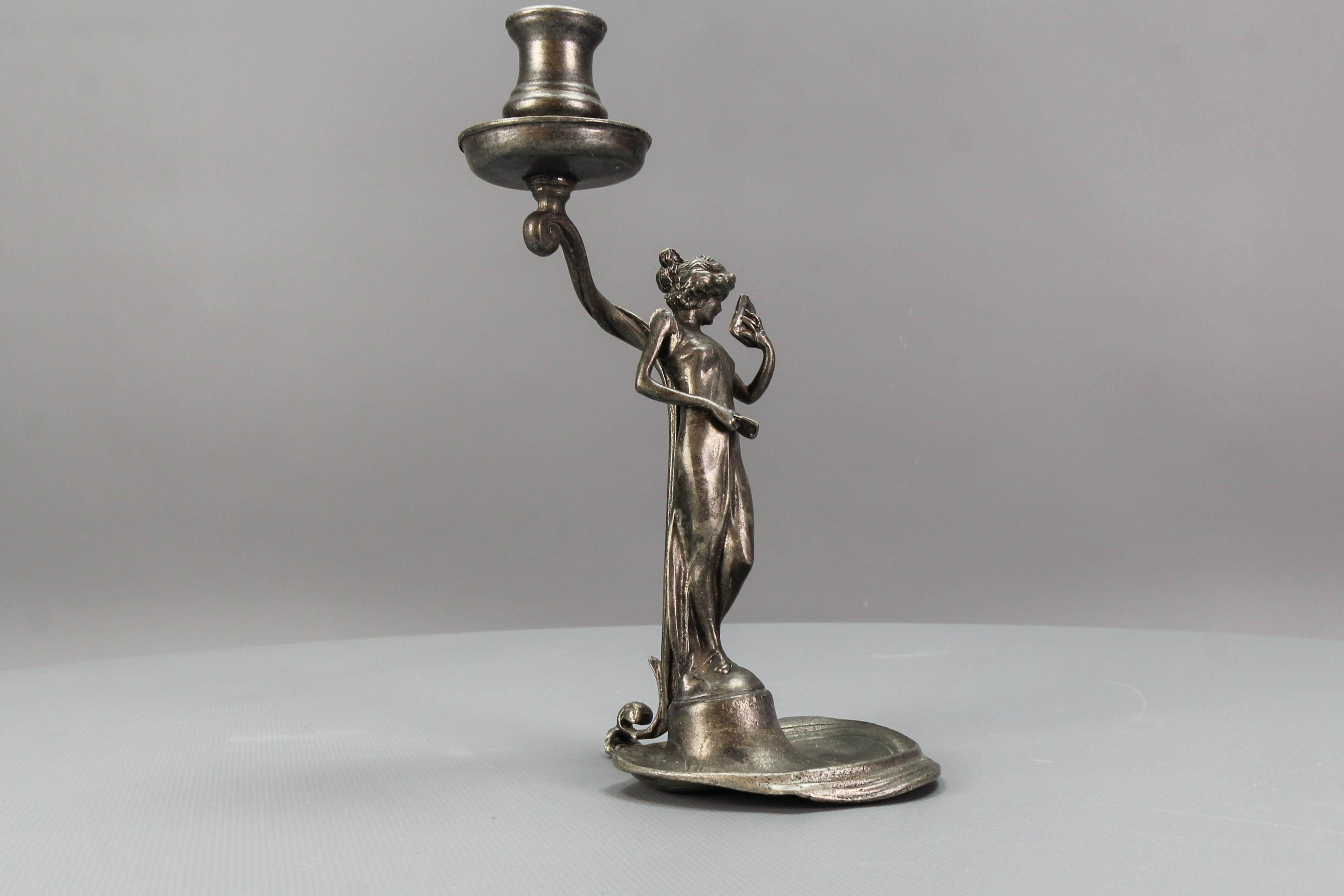 French Art Nouveau Pewter Candlestick with a Lady Sculpture, ca. 1920 In Good Condition For Sale In Barntrup, DE