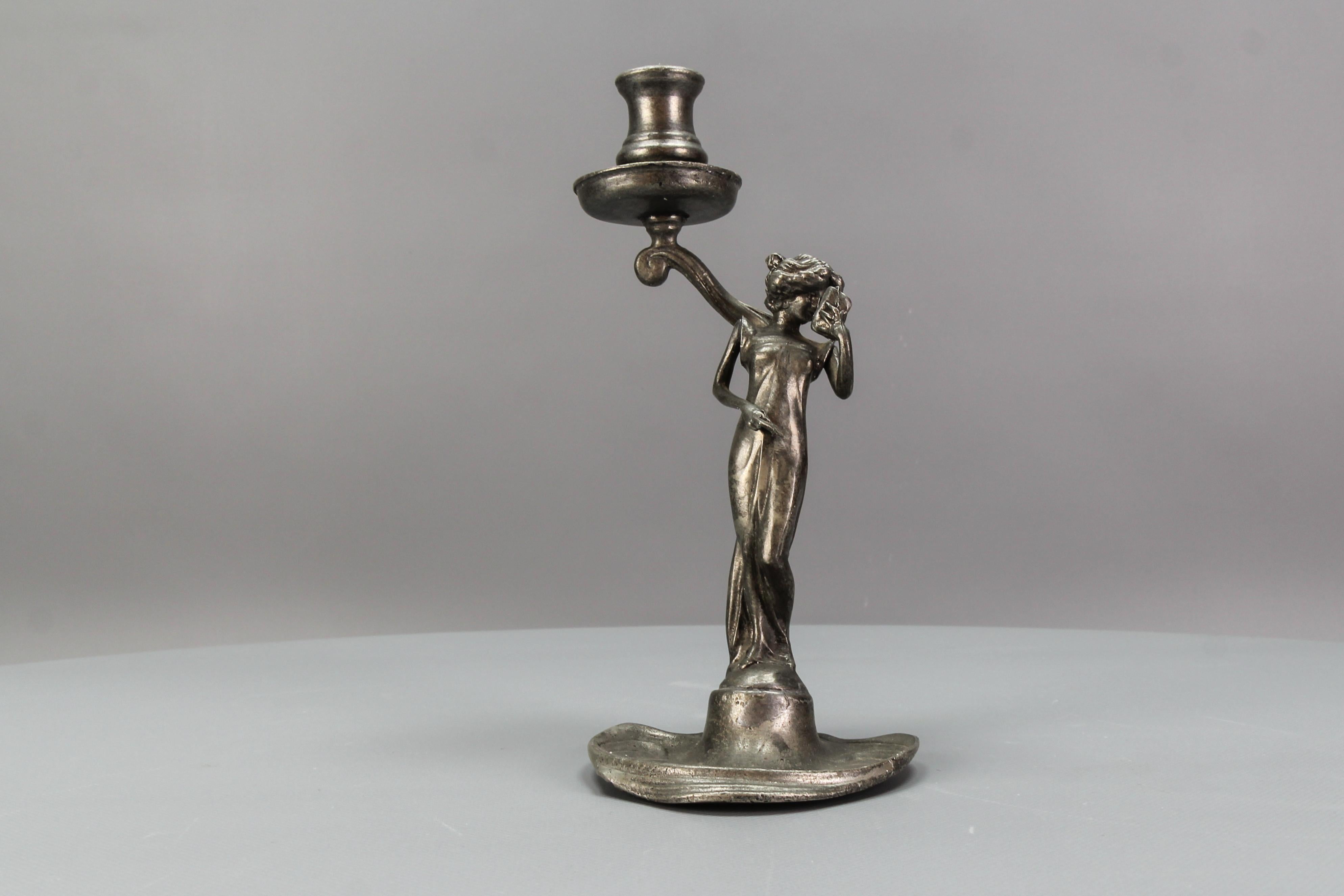 Early 20th Century French Art Nouveau Pewter Candlestick with a Lady Sculpture, ca. 1920 For Sale
