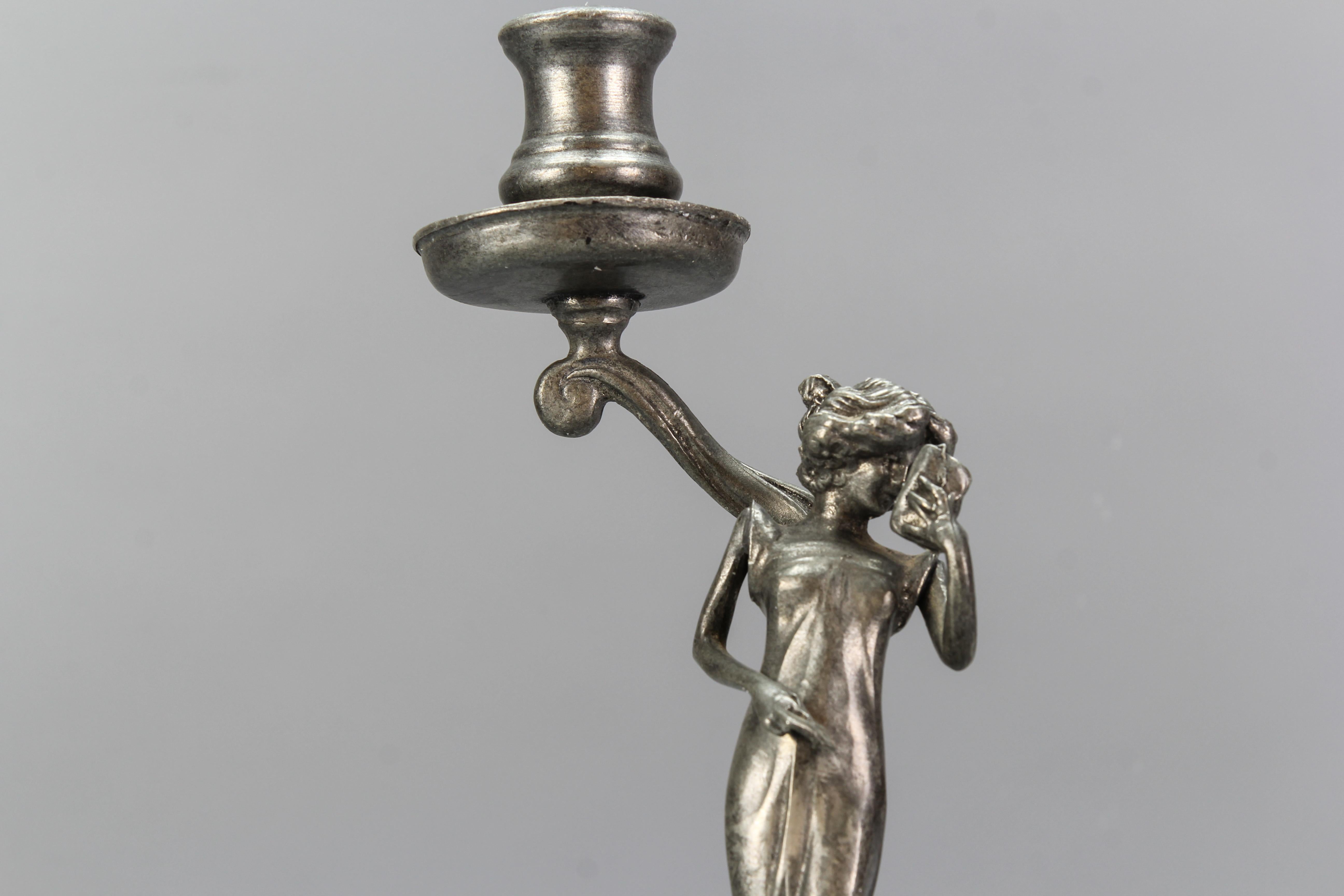 French Art Nouveau Pewter Candlestick with a Lady Sculpture, ca. 1920 For Sale 1