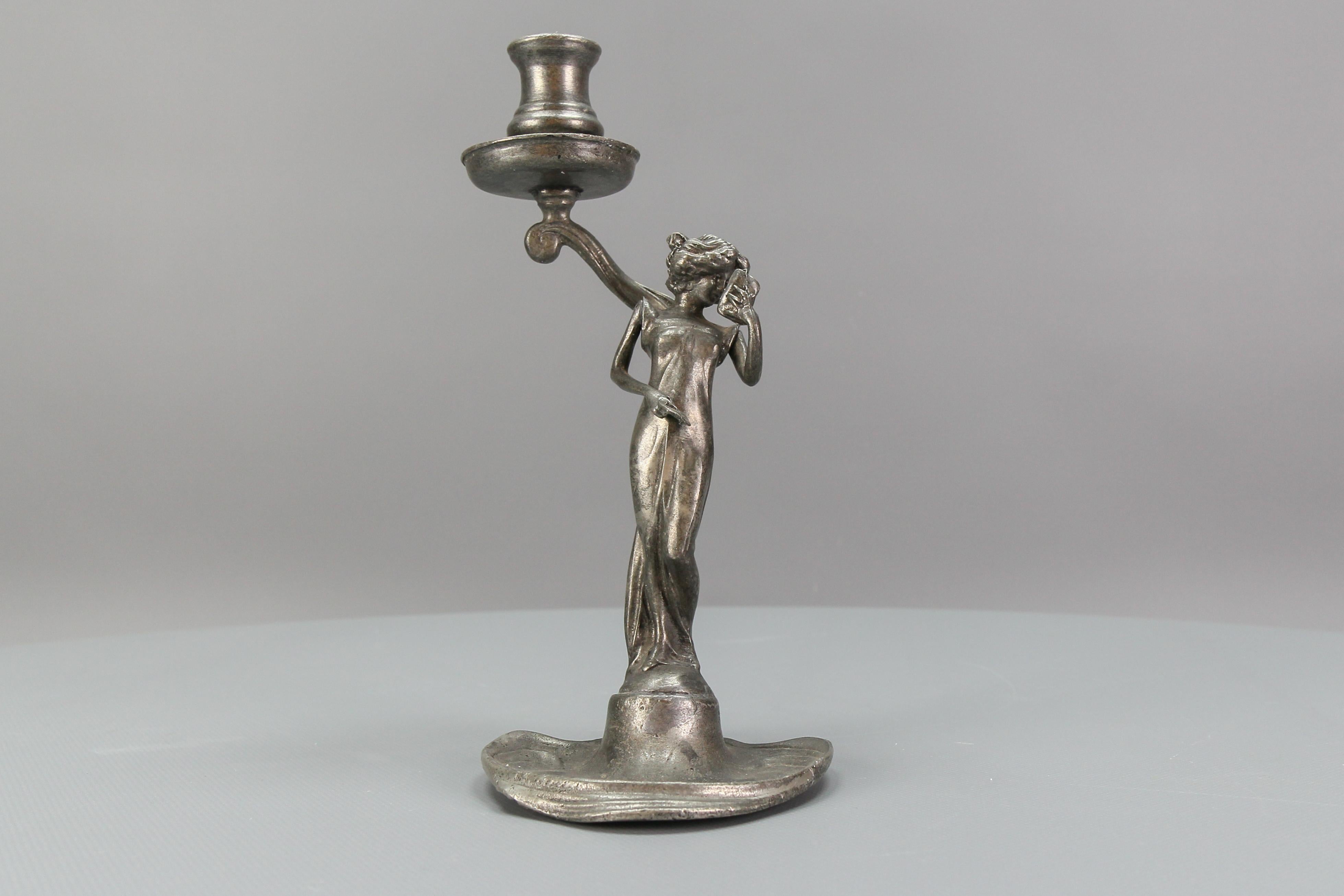French Art Nouveau Pewter Candlestick with a Lady Sculpture, ca. 1920 For Sale 2