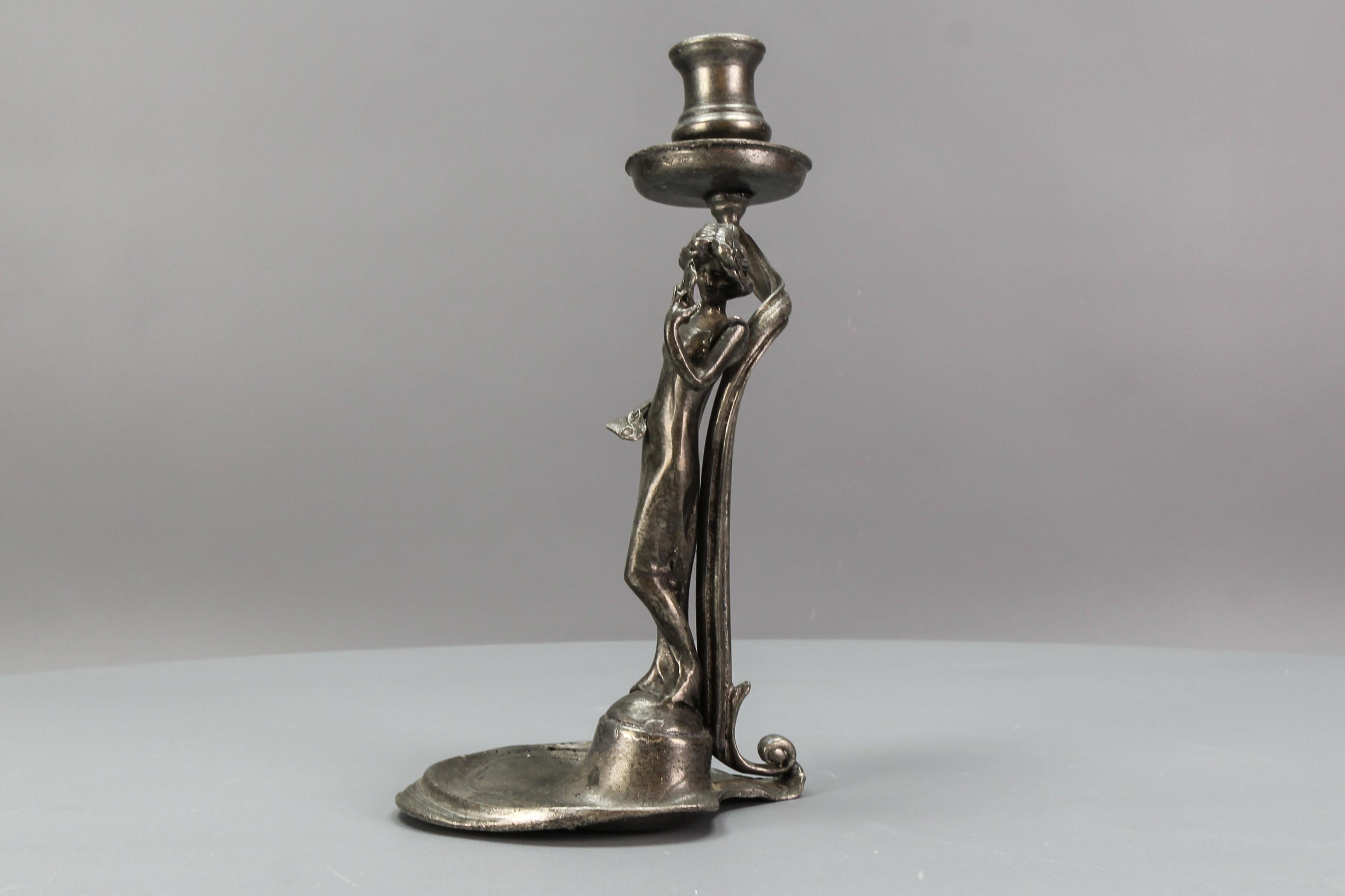 French Art Nouveau Pewter Candlestick with a Lady Sculpture, ca. 1920 For Sale 3