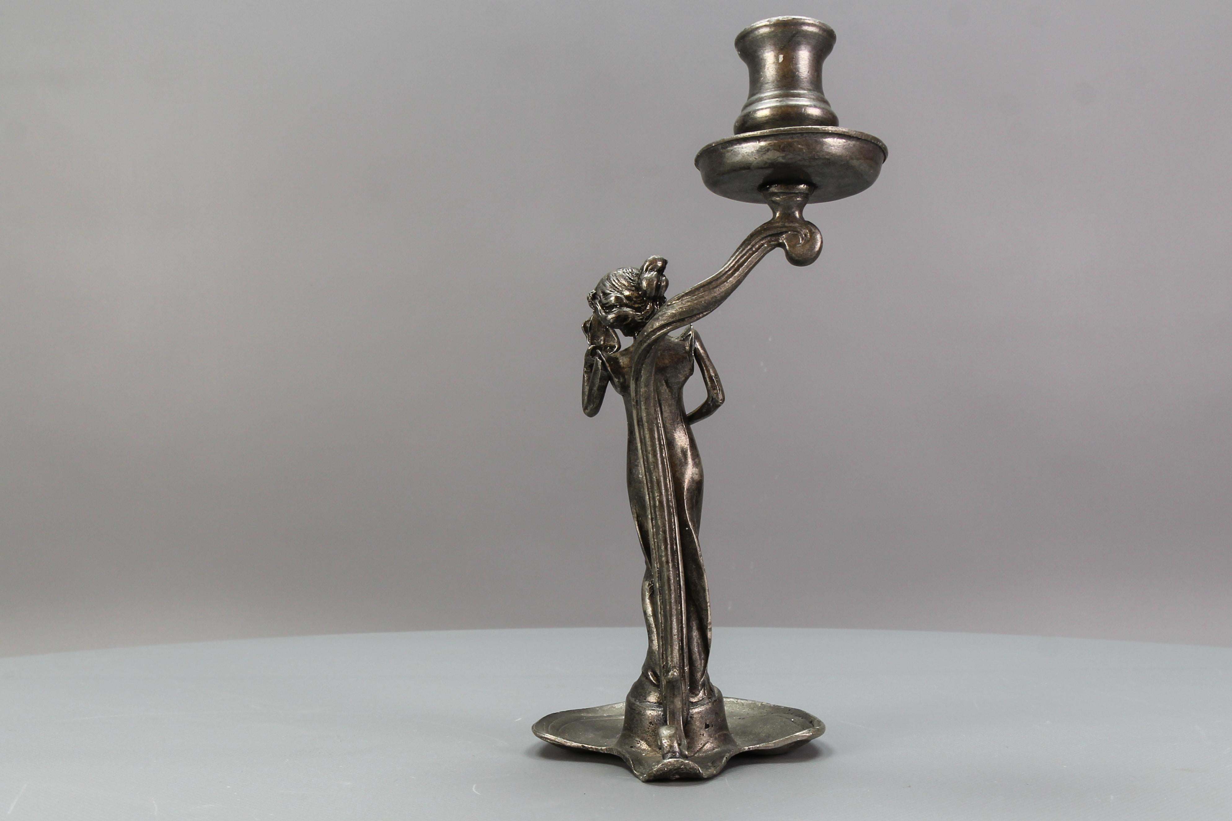 French Art Nouveau Pewter Candlestick with a Lady Sculpture, ca. 1920 For Sale 4