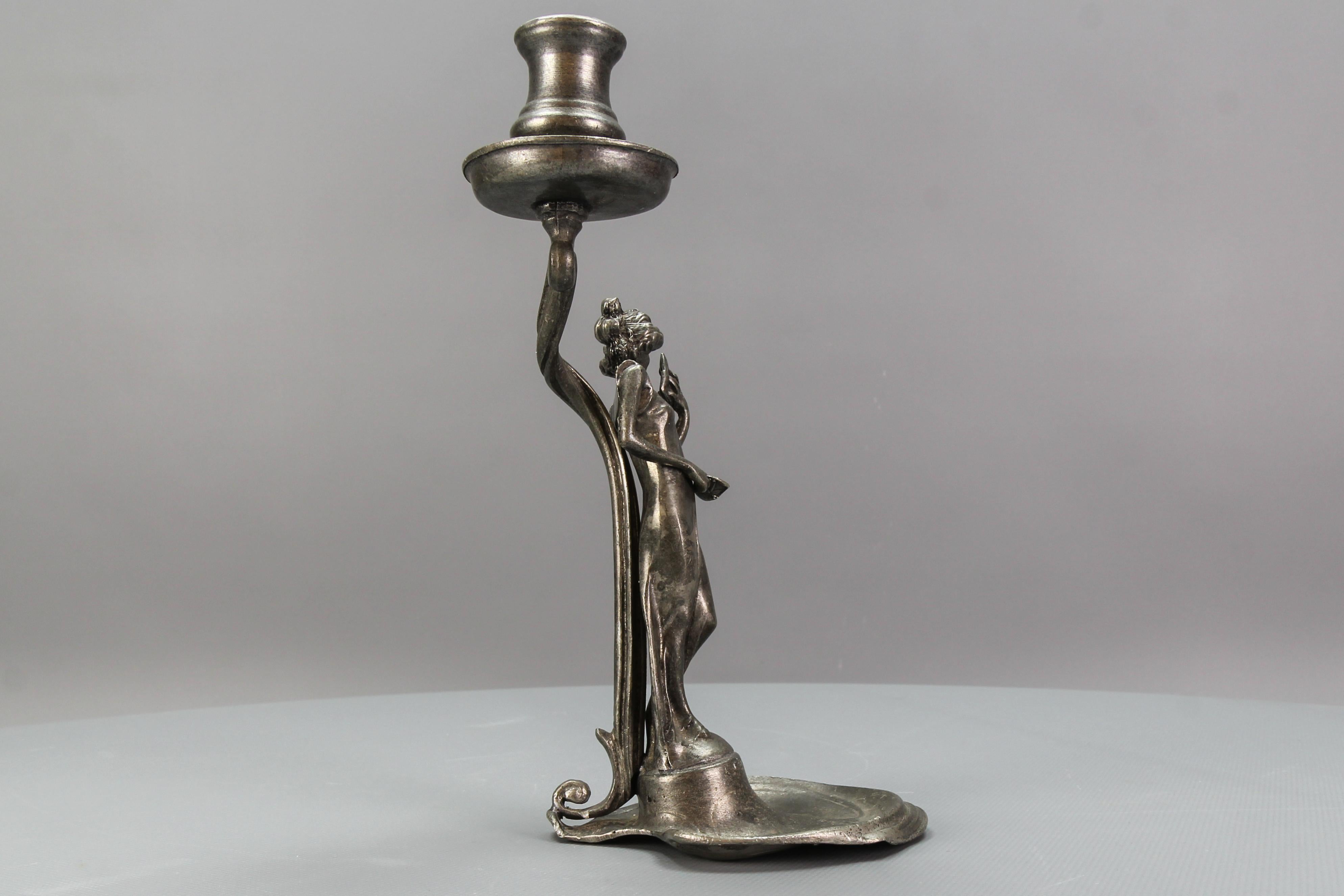 French Art Nouveau Pewter Candlestick with a Lady Sculpture, ca. 1920 For Sale 5
