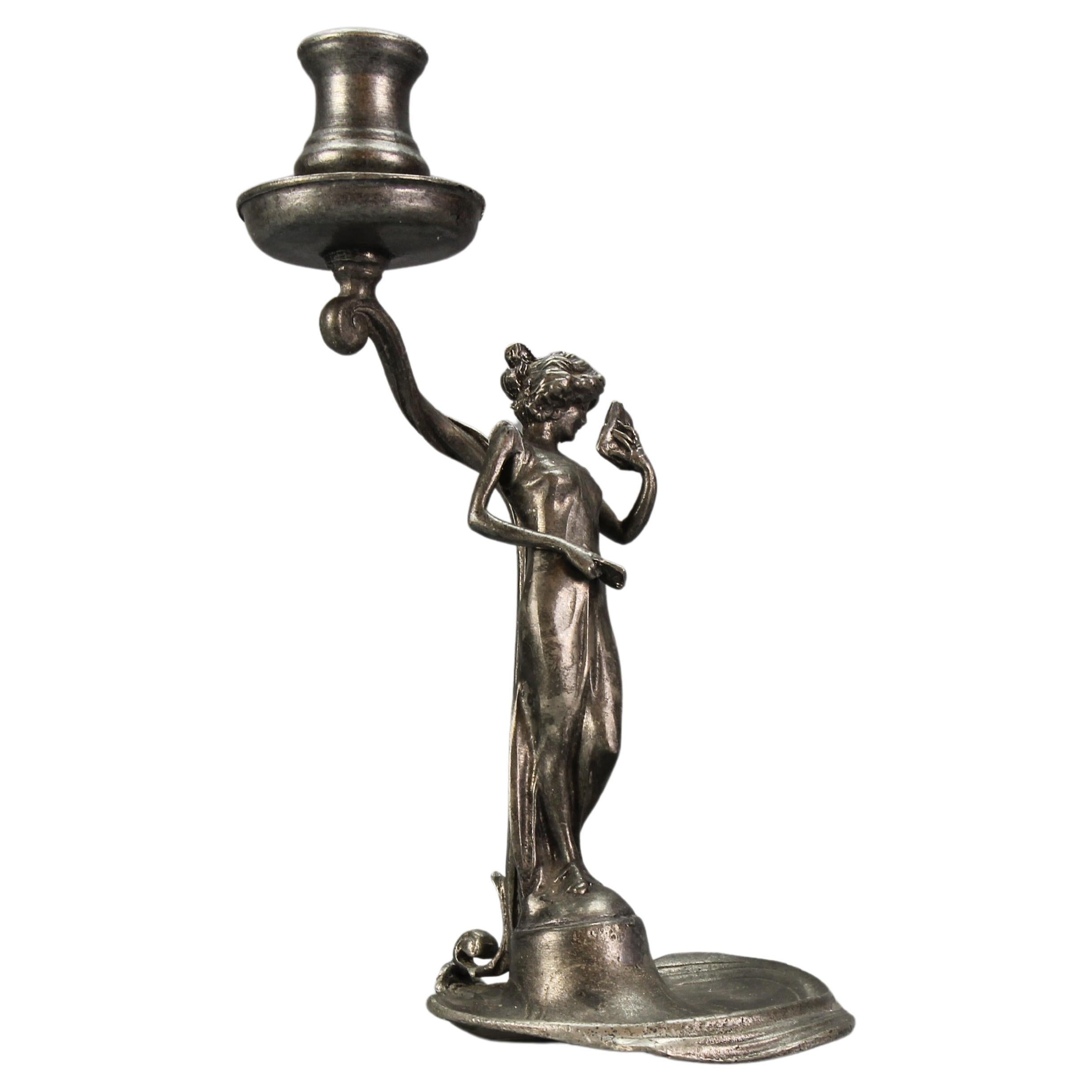 French Art Nouveau Pewter Candlestick with a Lady Sculpture, ca. 1920 For Sale