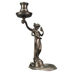 French Art Nouveau Pewter Candlestick with a Lady Sculpture, ca. 1920