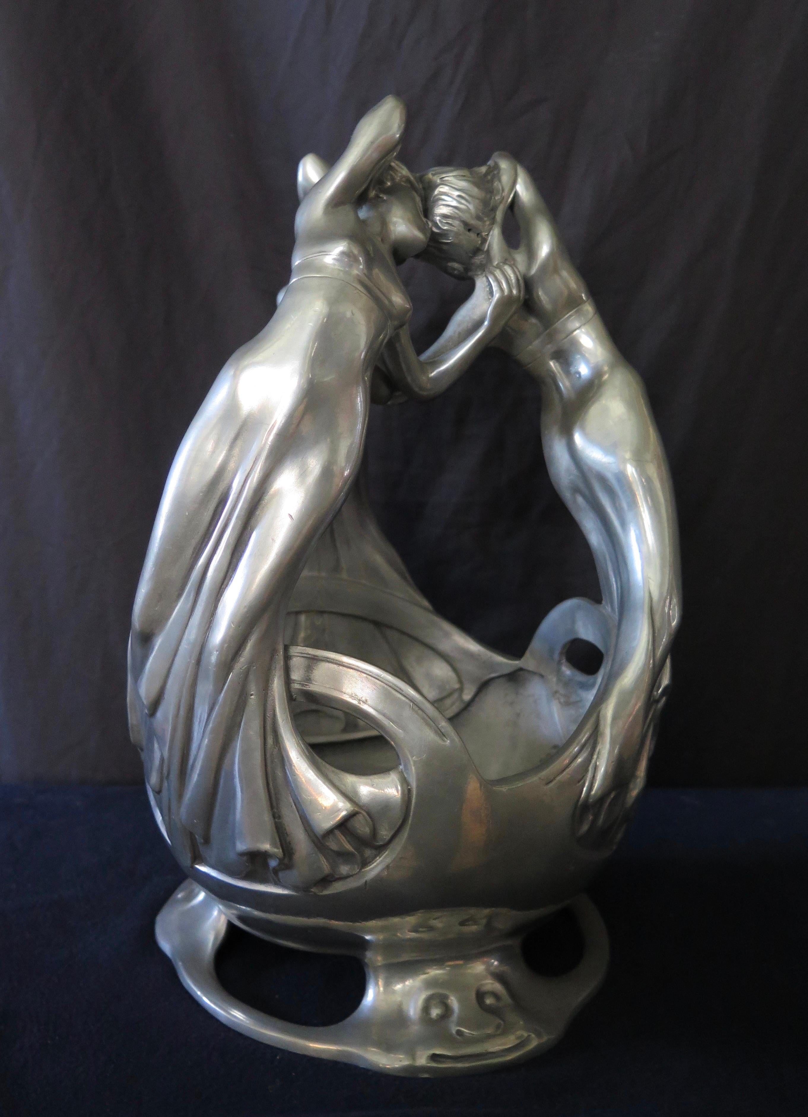 Polished French Art Nouveau Pewter Figural Centerpiece by Maignan For Sale