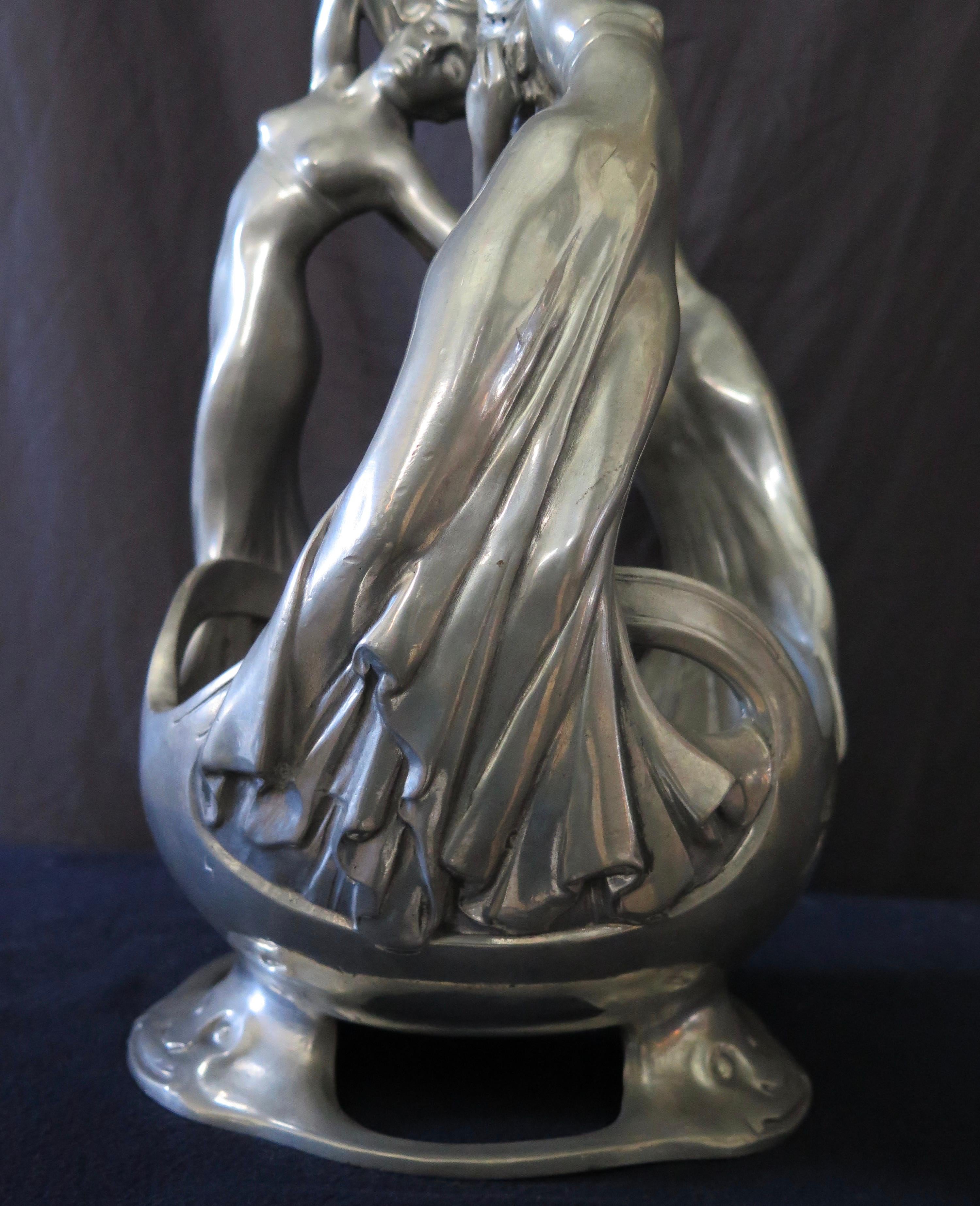 19th Century French Art Nouveau Pewter Figural Centerpiece by Maignan For Sale