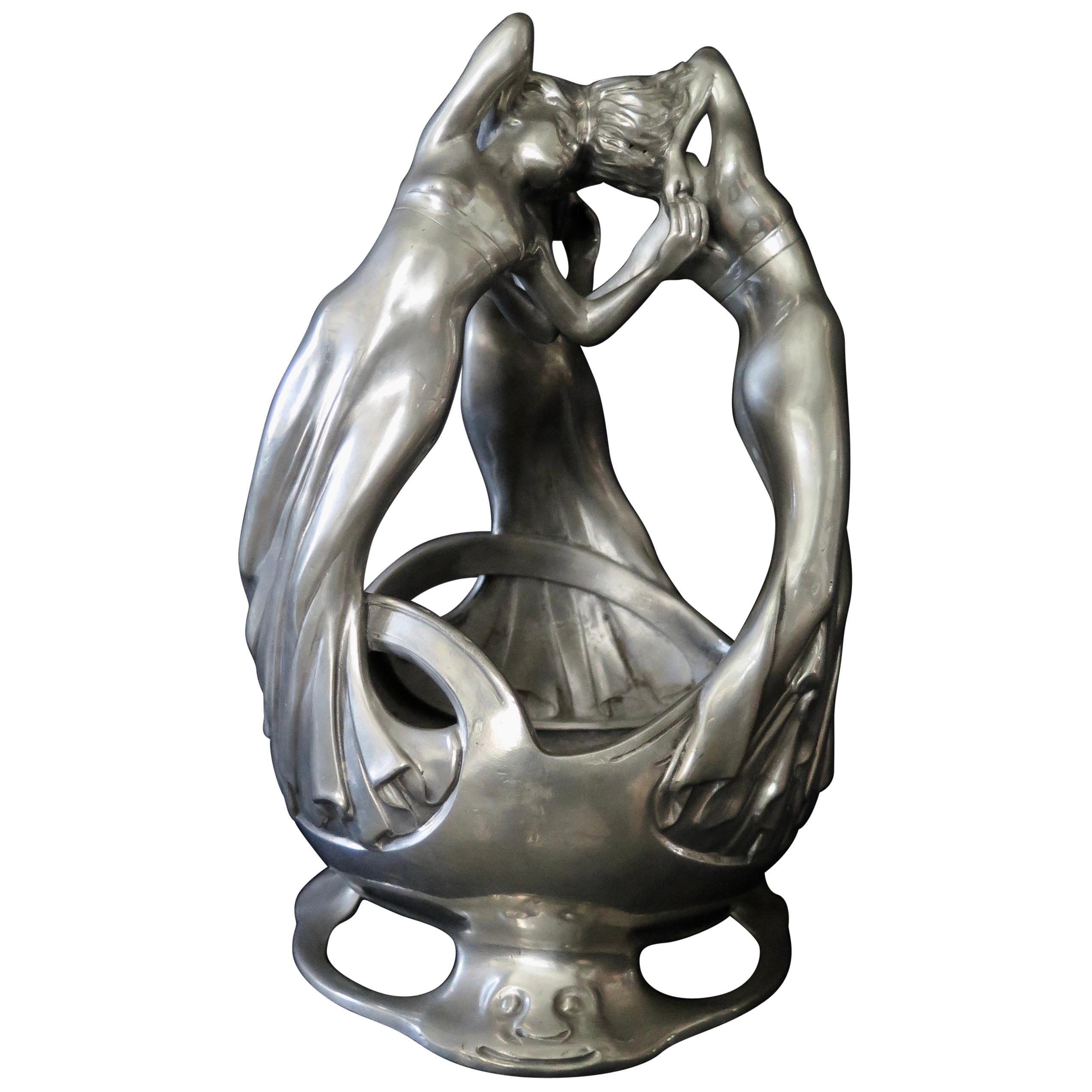French Art Nouveau Pewter Figural Centerpiece by Maignan For Sale