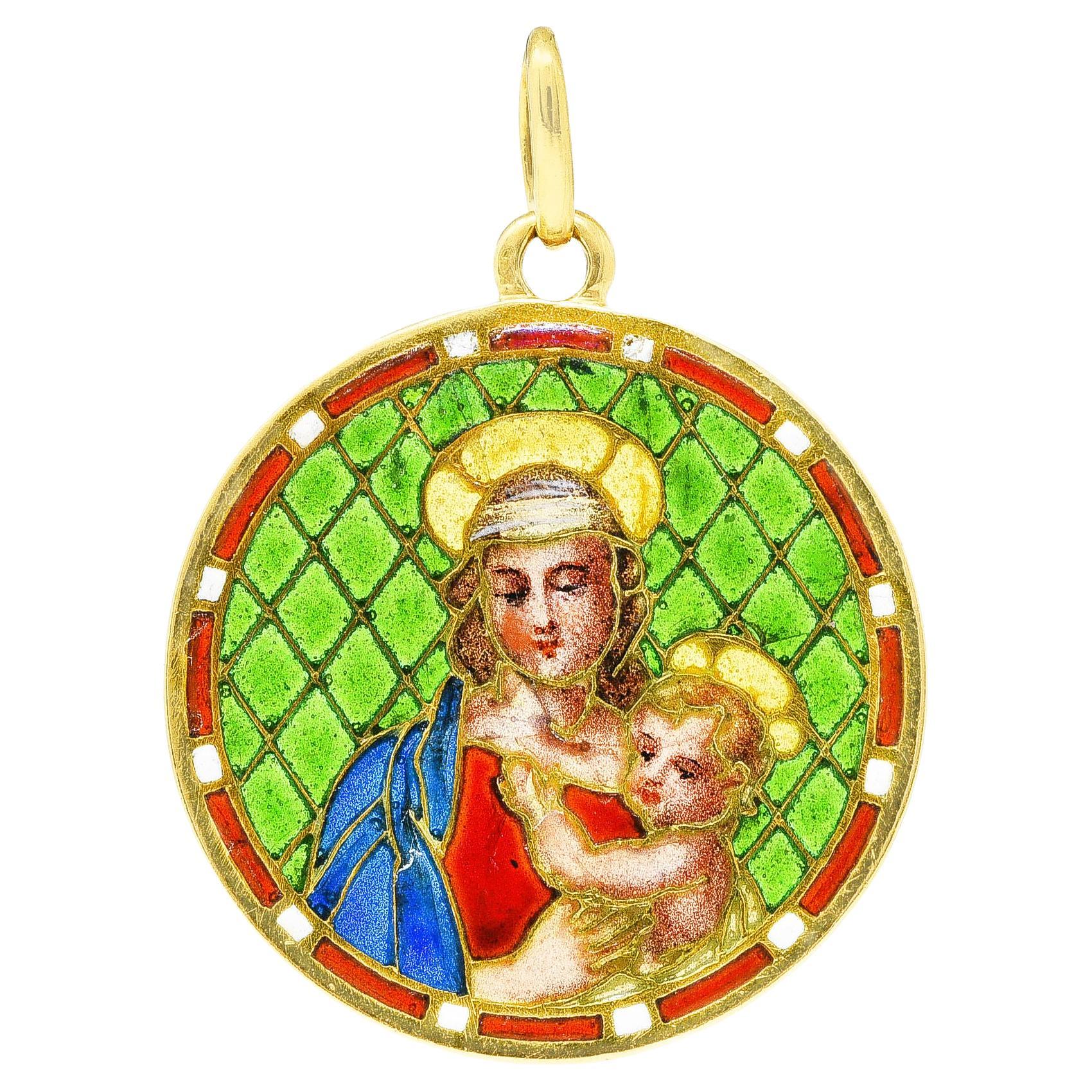 French Art Nouveau Plique-a-jour Enamel 18 Karat Yellow Gold Madonna Pendant