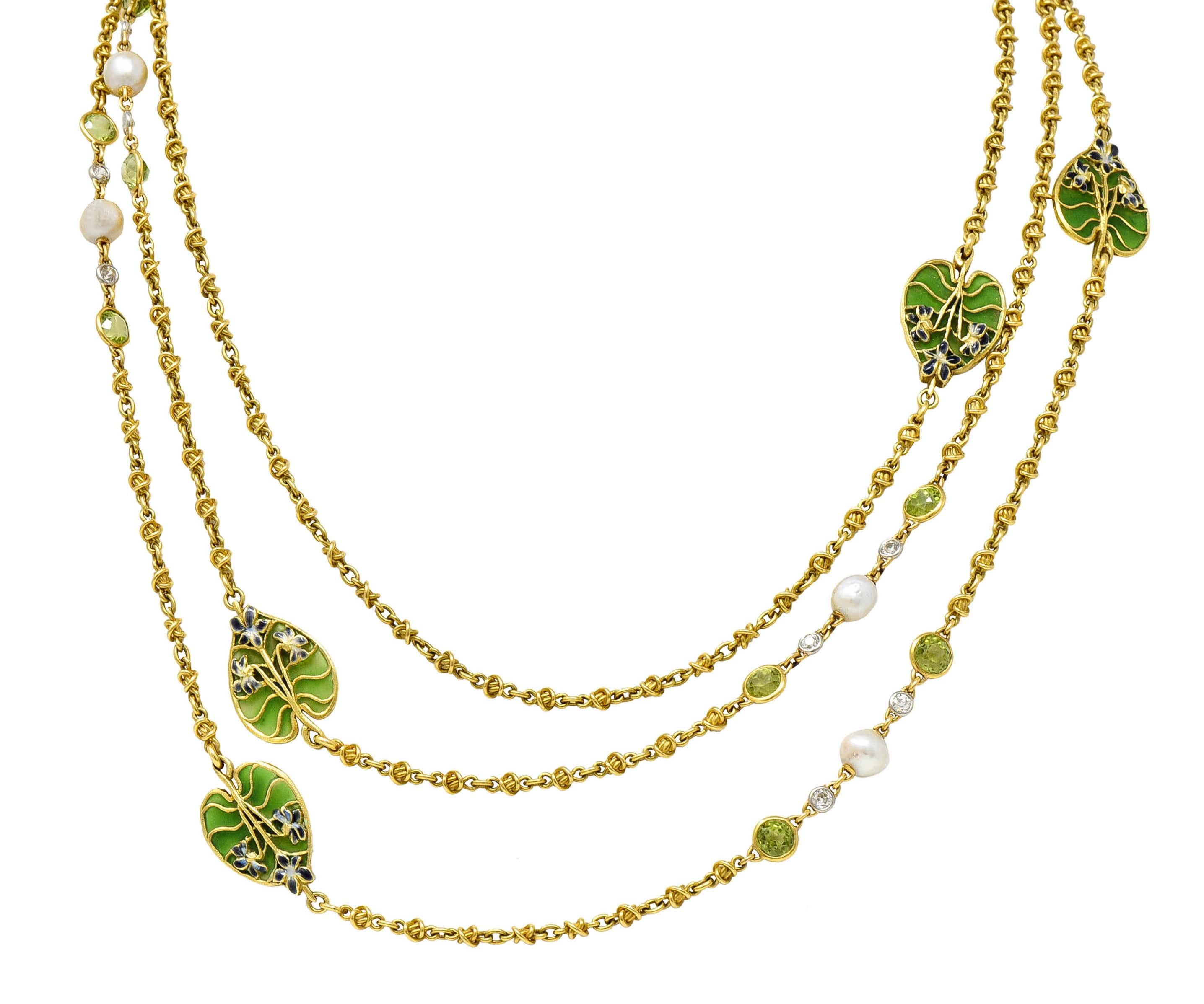 Französische Jugendstil Plique-A-Jour Emaille Naturperle Peridot Diamant-Halskette 4