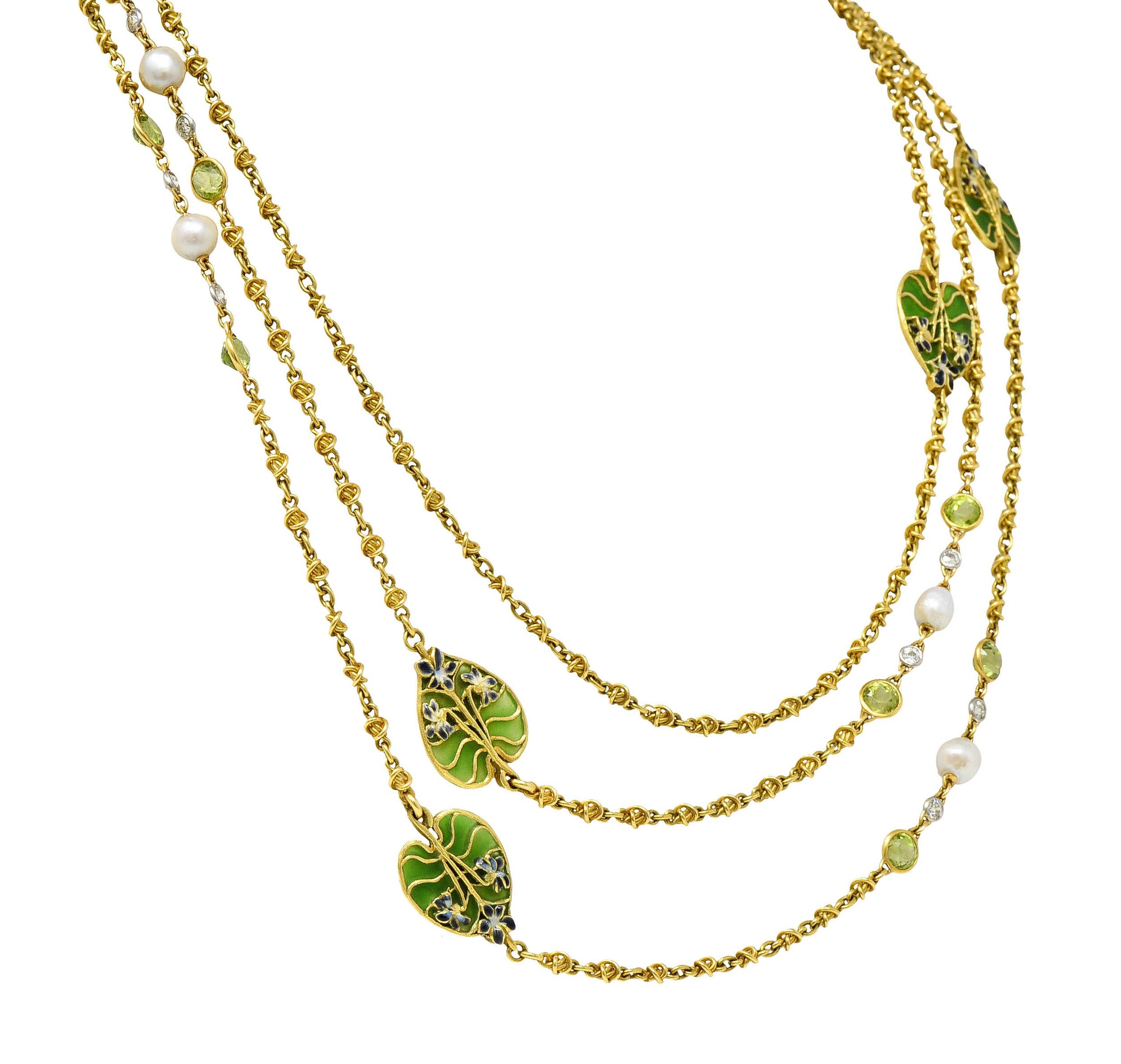 Französische Jugendstil Plique-A-Jour Emaille Naturperle Peridot Diamant-Halskette (Art nouveau)