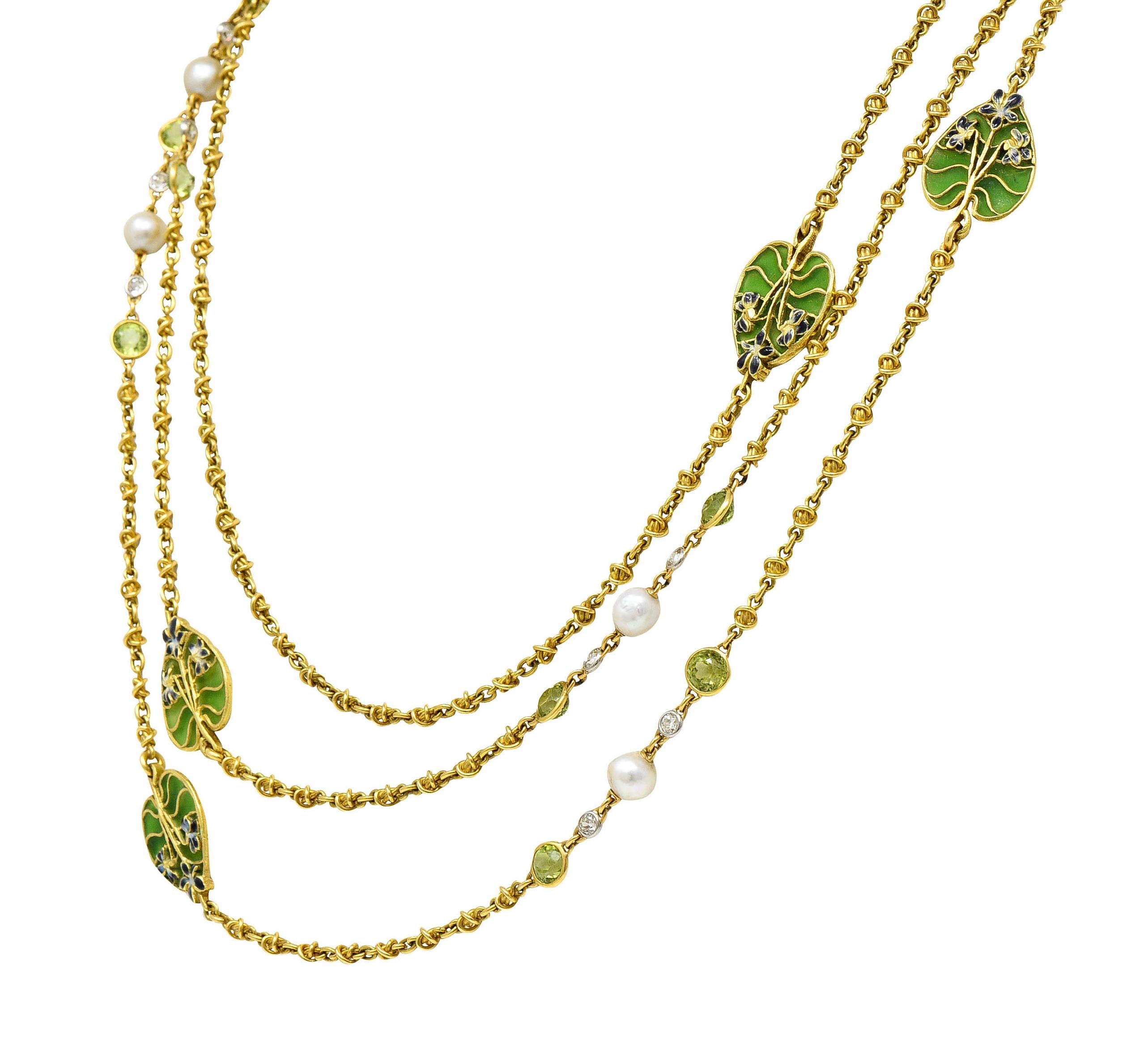 Französische Jugendstil Plique-A-Jour Emaille Naturperle Peridot Diamant-Halskette (Rundschliff)