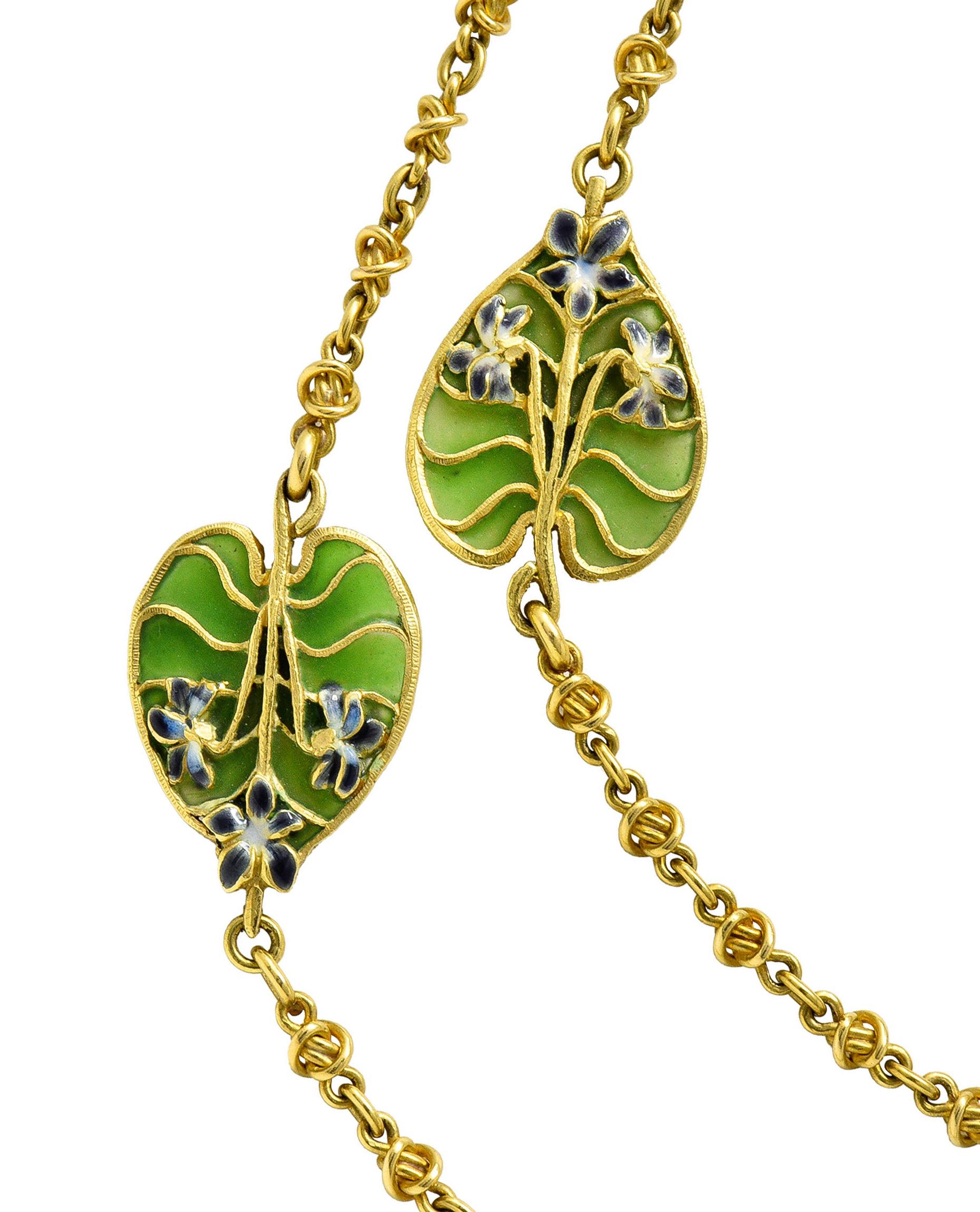 Französische Jugendstil Plique-A-Jour Emaille Naturperle Peridot Diamant-Halskette im Zustand „Hervorragend“ in Philadelphia, PA