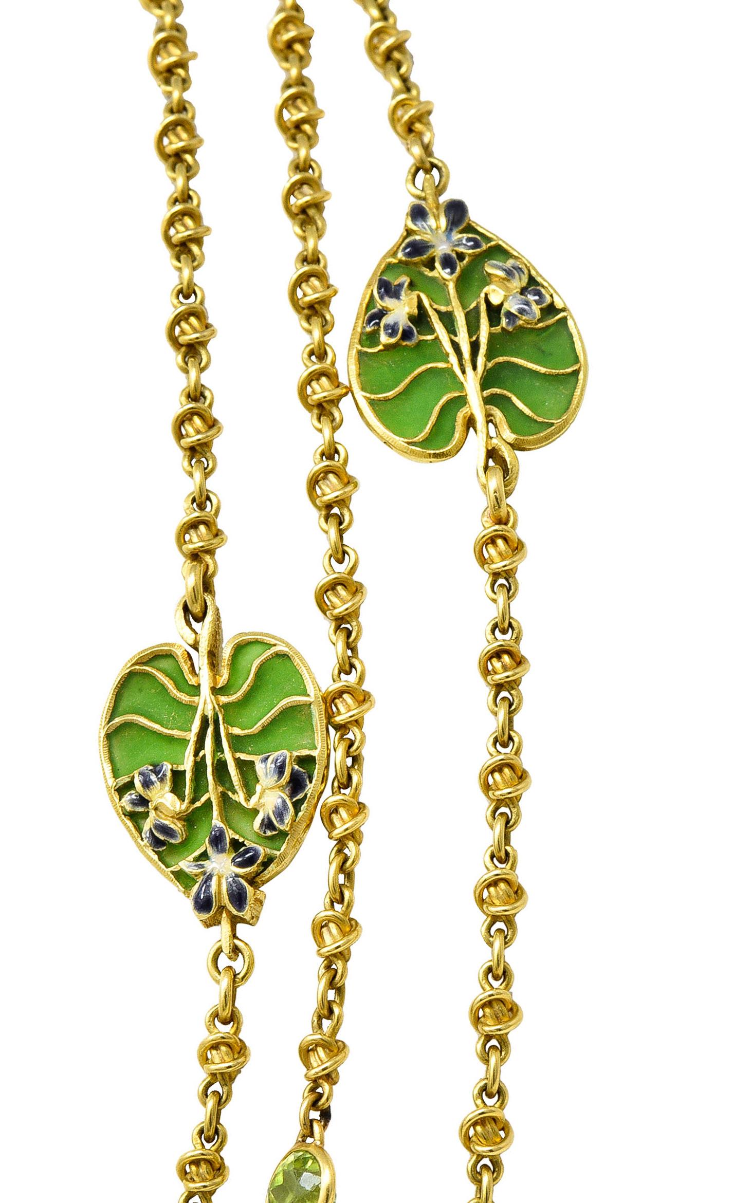 Französische Jugendstil Plique-A-Jour Emaille Naturperle Peridot Diamant-Halskette für Damen oder Herren