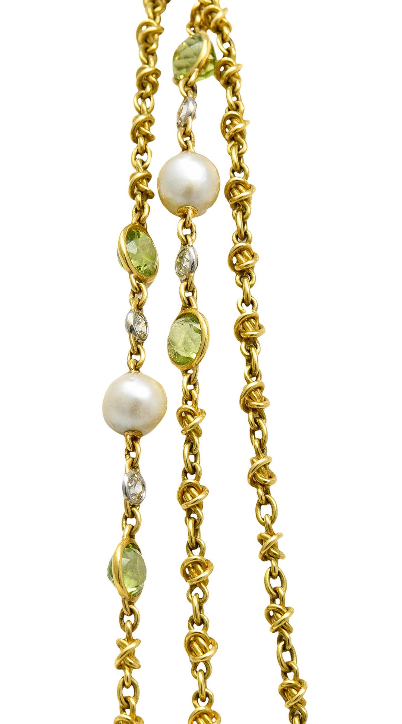 Französische Jugendstil Plique-A-Jour Emaille Naturperle Peridot Diamant-Halskette 1