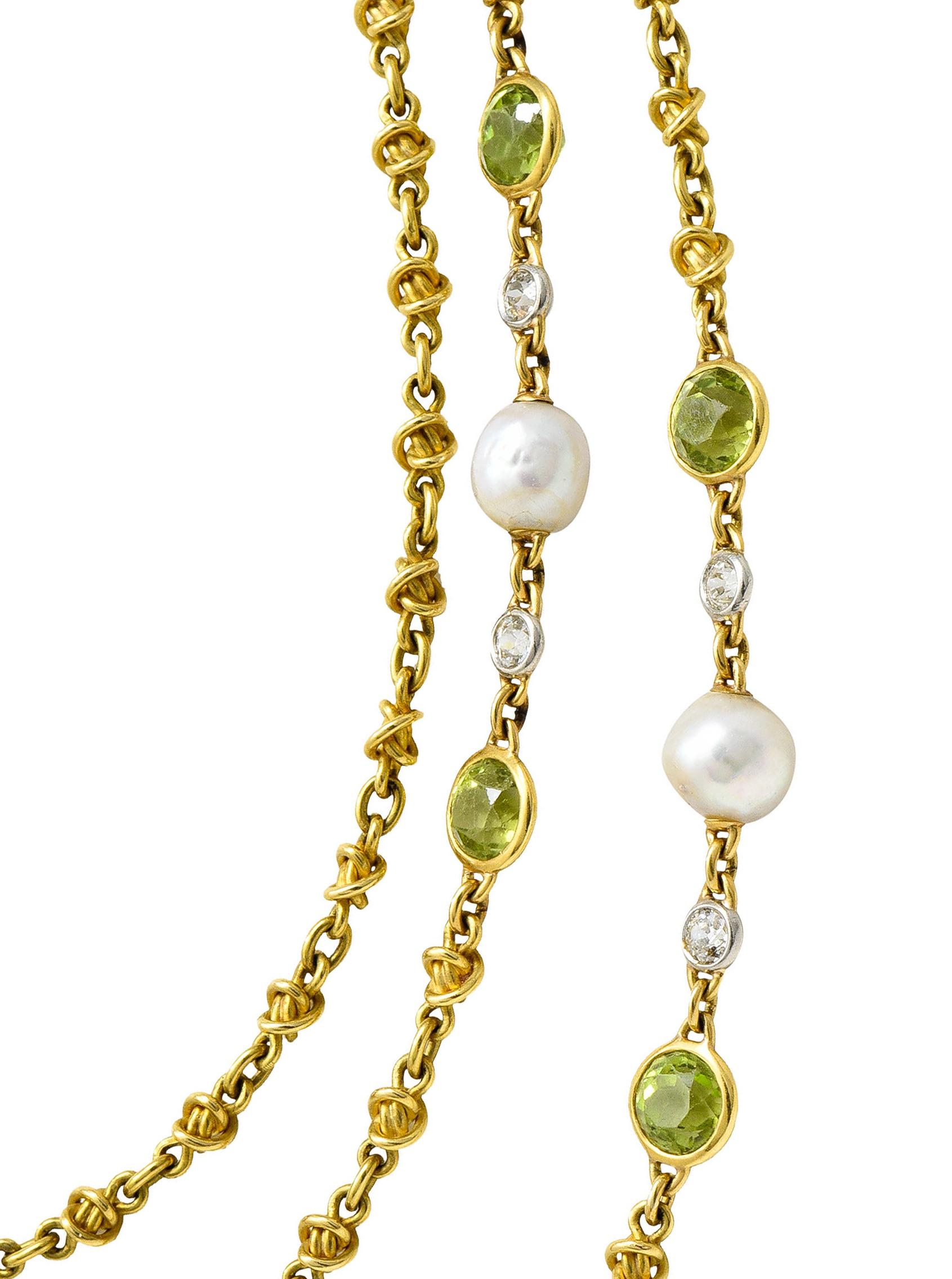 Französische Jugendstil Plique-A-Jour Emaille Naturperle Peridot Diamant-Halskette 2