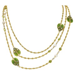 Antique French Art Nouveau Plique-A-Jour Enamel Natural Pearl Peridot Diamond Necklace