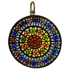 French Art Nouveau Plique-a-jour Enamel Rose Window Pendant Necklace 18K Gold