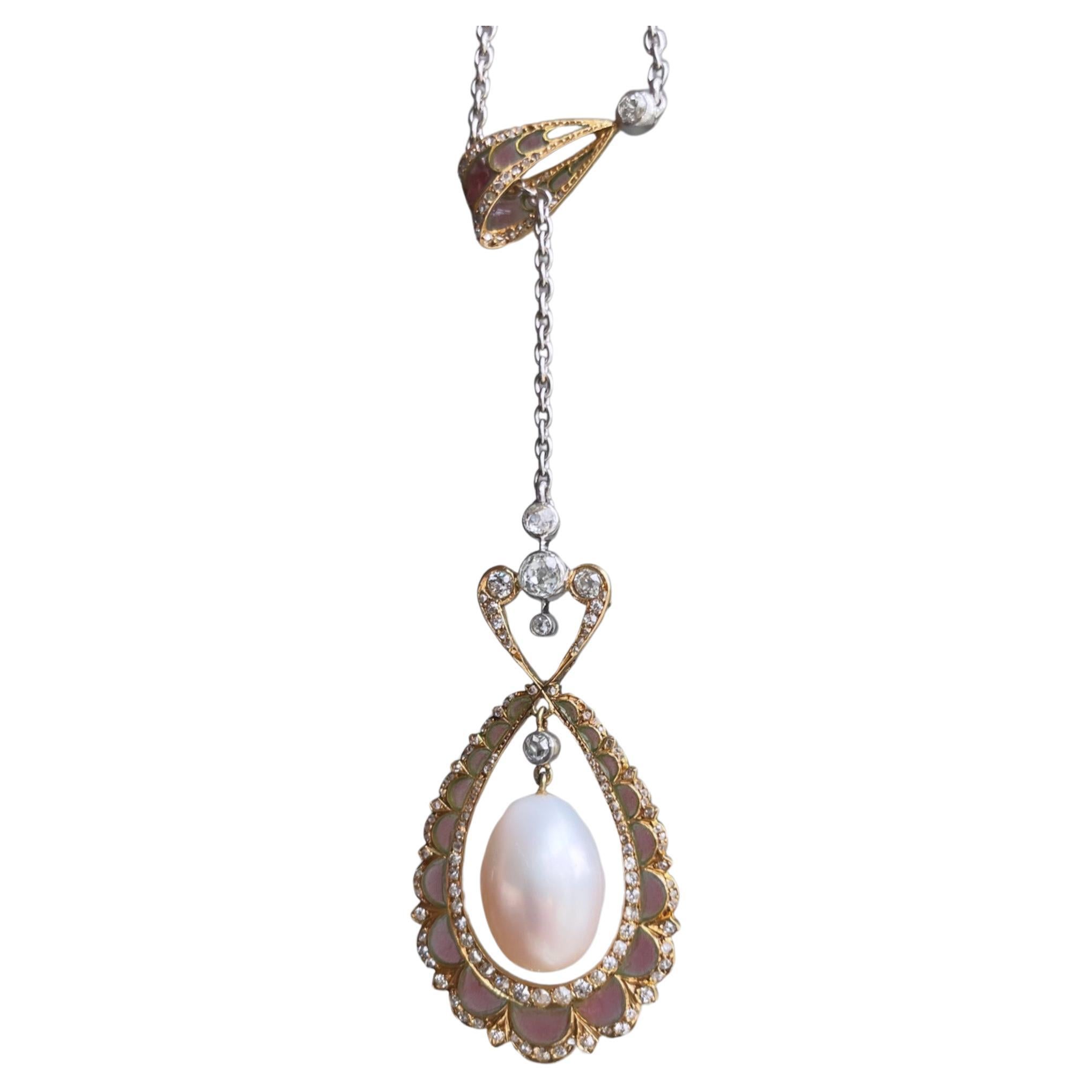 French Art Nouveau Plique-a-Jour Lavaliere Necklace For Sale