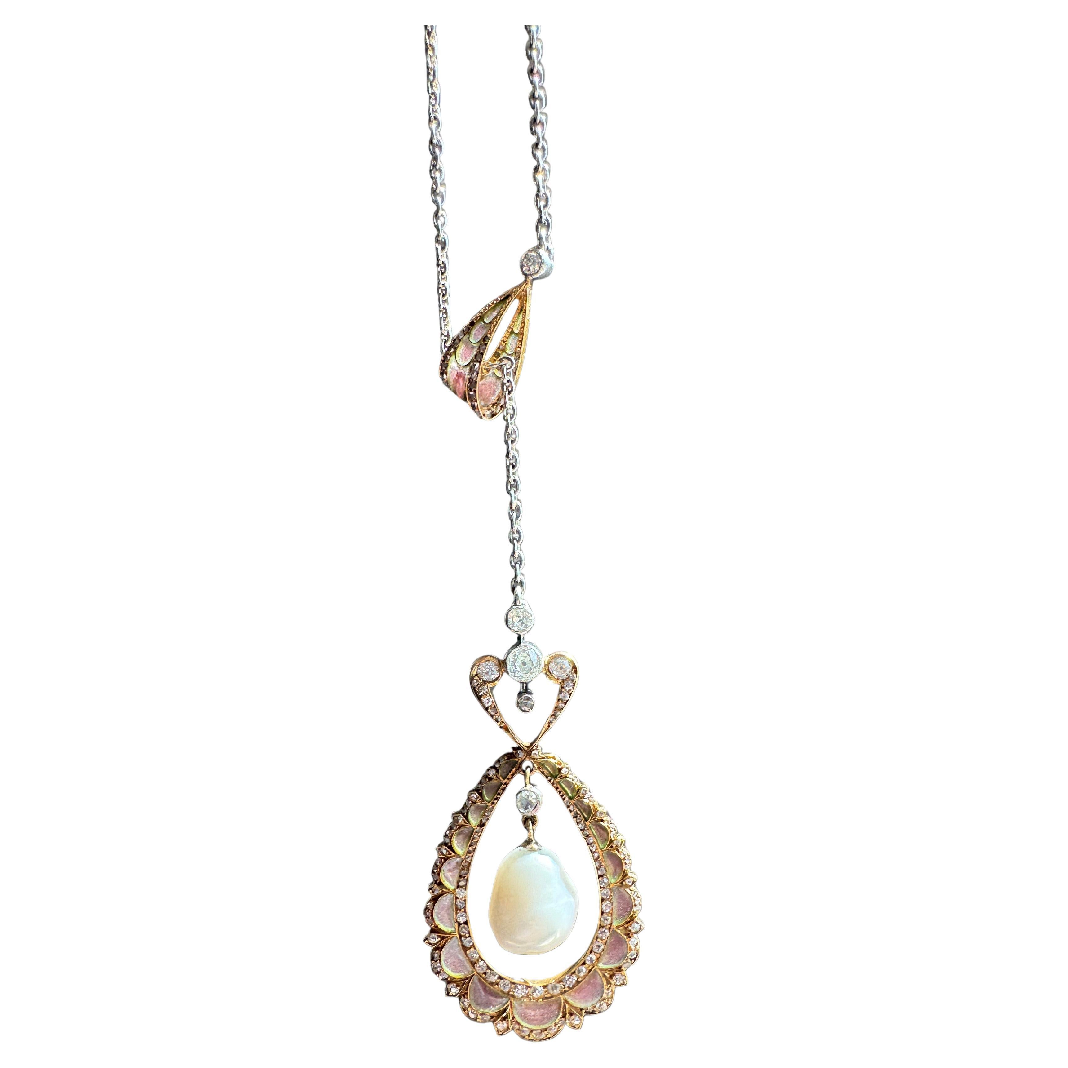 French Art Nouveau Plique-a-Jour Lavaliere Necklace