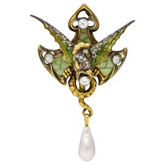 French Art Nouveau Plique-A-Jour Pearl Diamond 18 Karat Gold Dragon Pendant